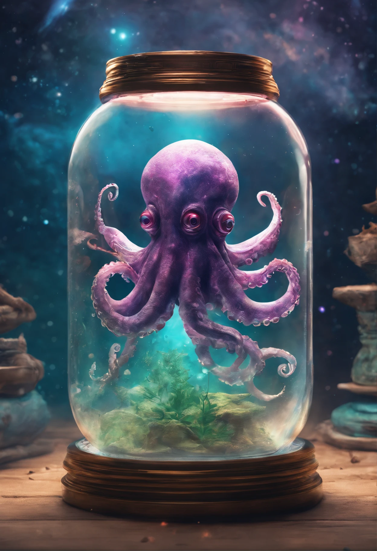 galaxy environment, caprichoso, A small octopus in a magical jar of unviable dream, 8k, Vivid, ultra detalis | | | | | | | |, color lighting, fotografia surreal, retrato