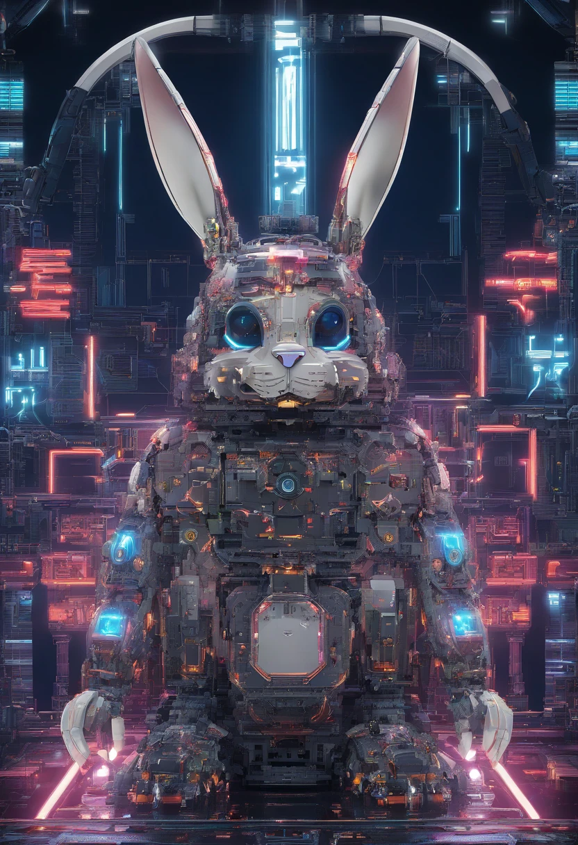 Mecha rabbit,Long ears,Rabbit's mouth,Beautifully carved,,(Rabbit anthropomorphism),Rich in color,Exquisitely.There are flowers around,Tight fit,On the back is the moon,starrysky,sportrait