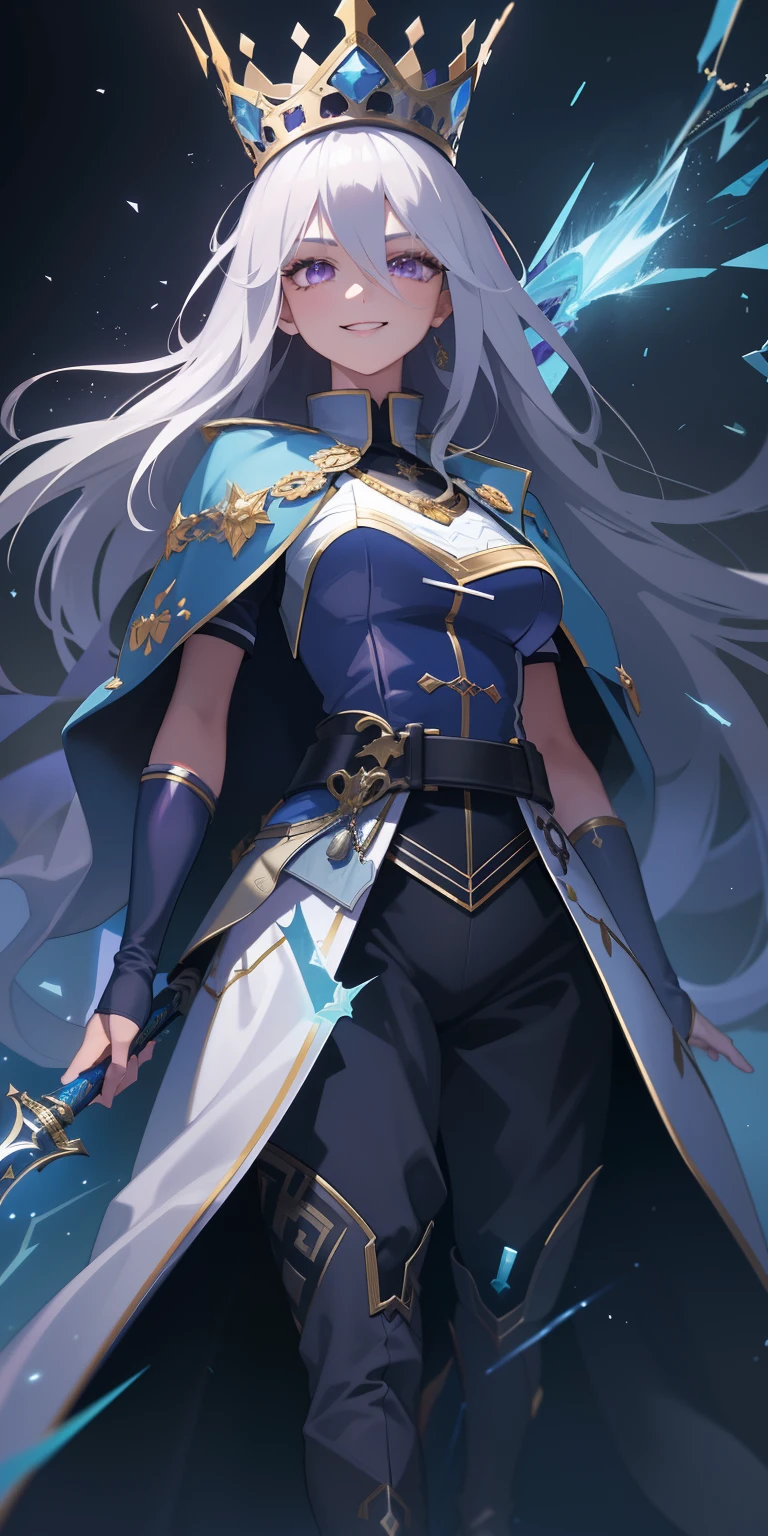 masterpiece, best quality, ultra-detailed, best shadow), (detailed background,dark fantasy), (beautiful detailed face), high contrast, (best illumination, an extremely delicate and beautiful), ((cinematic light)), colorful, hyper detail, dramatic light, intricate details, (1girl, solo,white hair, sharp face,purple eyes, hair between eyes,dynamic angle), swirling black light around the character, depth of field,black light particles,(broken glass), superhero , full body, holding magical sword, woman, happy, smile, look in front, tall, wearing boots, attractive, detailed clothing, woman, adult, sexy, wears crown, laughing, looking smart, adorable looking, full body, cloak,