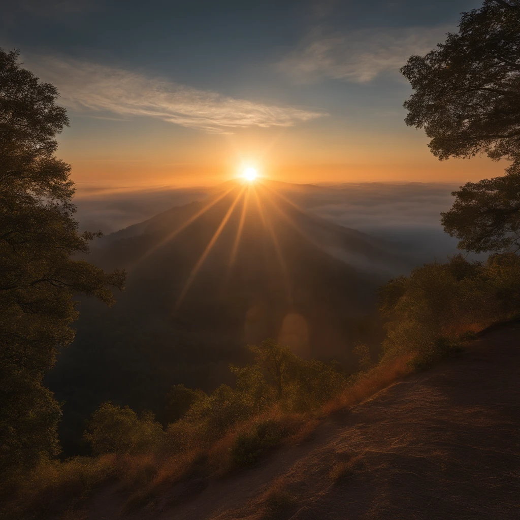 sunraise, suns, beam of light, hilltop, Cloud fog, hyper HD, retinas, Masterpiece, ccurate, Super detail, High details, High quality, Award-Awarded, Best quality, A high resolution, 16k