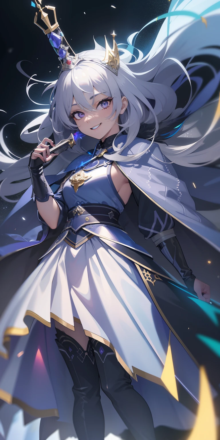 masterpiece, best quality, ultra-detailed, best shadow), (detailed background,dark fantasy), (beautiful detailed face), high contrast, (best illumination, an extremely delicate and beautiful), ((cinematic light)), colorful, hyper detail, dramatic light, intricate details, (1girl, solo,white hair, sharp face,purple eyes, hair between eyes,dynamic angle), swirling black light around the character, depth of field,black light particles,(broken glass), superhero , full body, holding magical sword, woman, happy, smile, look in front, tall, wearing boots, attractive, detailed clothing, woman, adult, sexy, wears crown, laughing, looking smart, adorable looking, full body, cloak,