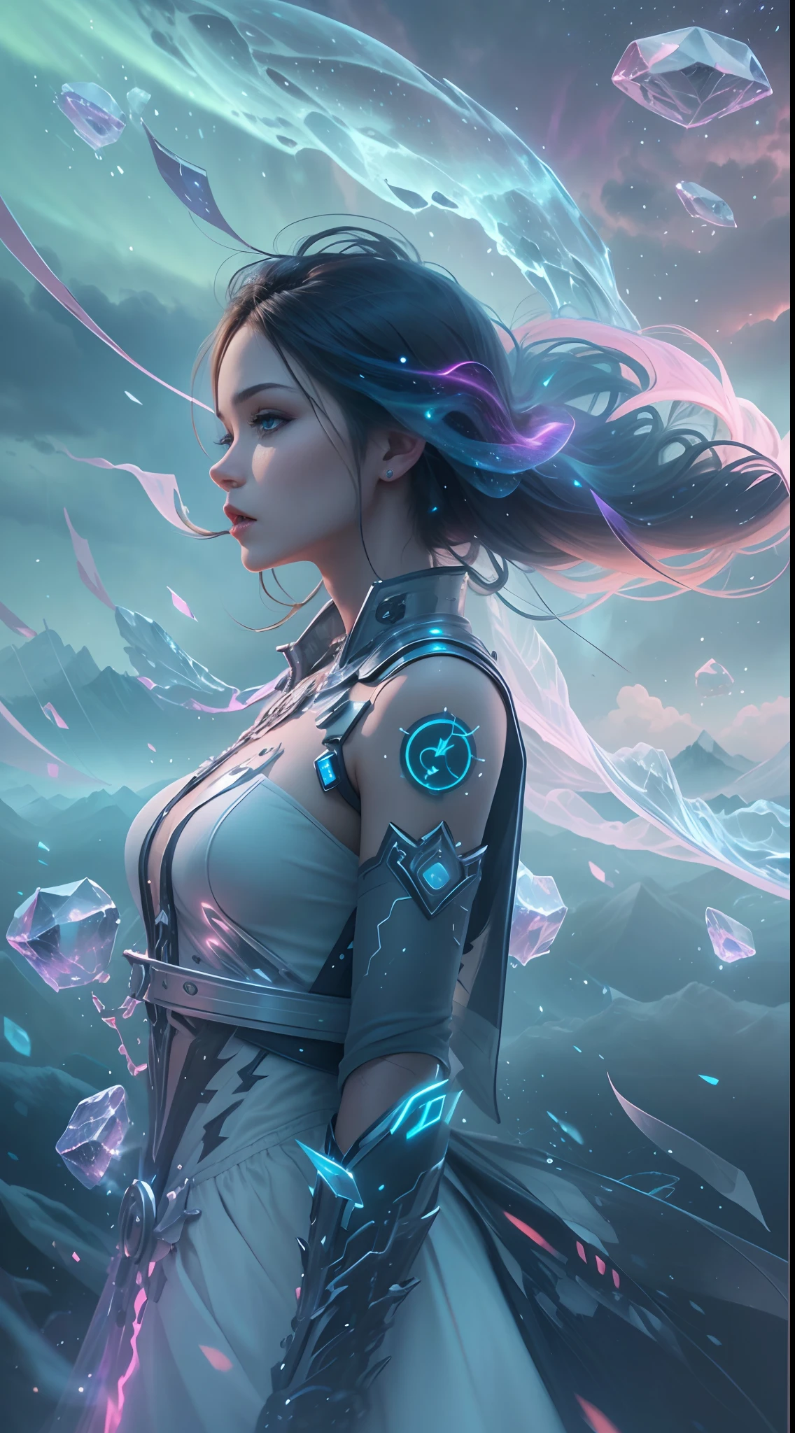 Estilo modelshoot, (fondo de pantalla CG 8k extremadamente detallado),Perssonage Cyber Punk [Snowy mountain landscape with fog：Transparent ethereal girl，snow mountains：0.33] Immerse yourself in the beautiful aurora，Vive en las nubes del cielo estrellado，Behind the clouds，（Doubleexposure：1.3），La cara se funde con la aurora，Superposition of snowy mountains，Varios elementos mezclan la imagen，Fotografia of：Brandon Woelfelmist，Surreal dreams，Gray atmosphere，Rainy day，Dyna，lut，HDR，Surrealist fantasy art，Epic Digital Fantasy Art Style，beautiful sci fi art, sci-fi digital art illustration,sci fi digital painting, Pintura digital futurista, Arte conceptual futurista, In front of the snowy sci-fi mountain landscape, Sci-Be Digital Art, Fantastic transparent ethereal girl
