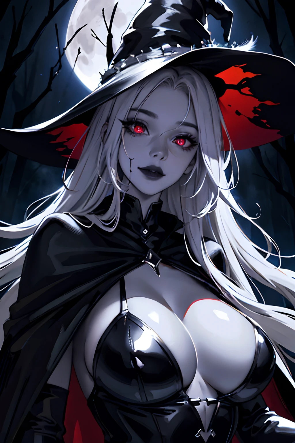 atmospheric scene, masterpiece, best quality (detailed face, detailed skin texture, ultra detailed body), (cinematic light: 1.1), r0seb7rne-smf, extremely detailed CG, unity 8k wallpaper, ultra detailed, very detailed, 1girl, black witch hat with great details, black lipstick, ruby red eyes, glowing eyes, magical eyes, detailed eyes, light up eyes, eyelashes, expression of pleasure on the face, smile, dark forest, halloween, black cape, white skin, shiny skin, oiled skin, full moon, night sky, night, fall weather, dark, full moon, moonlight, blue color atmosphere, fog, nude, tits out, black detailed thong, hide hands, cloves, movie poster,