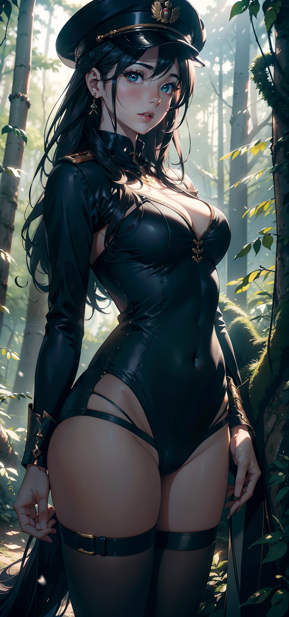 1female，41 years old，熟妇，A MILF ，Married Woman， mature，plumw，extremely large bosom ，Pornographic exposure， 独奏，（Background with：stunning view，Birch forest，city ruins，There is a lot of war）Snow-white skin， She has short black hair，Stand deep in the forest，seen from the front， hair straight，（（（tmasterpiece），（Very detailed CG unity 8K wallpaper），best qualtiy，cinmatic lighting，detailed back ground，beatiful detailed eyes，Bright pupils，Redlip（Very fine and beautiful），（Beautiful and detailed eye description），ultra - detailed，tmasterpiece，）），facing at camera，A high resolution，ultra - detailed），revealing breasts，Bare genitalia，  Bulge，legs are open，Raised sexy，Camel toes，Flushed complexion，Soviet soldiers，frontage，military hat（Wearing：Dark green tights）holding handgun