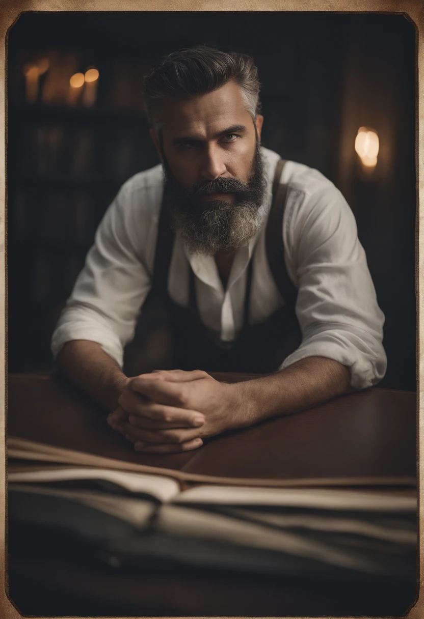 retrato de um pai, com cabelos brancos, olhos castanhos, barba grande, olhando para frente, christlike, segurando uma biblia