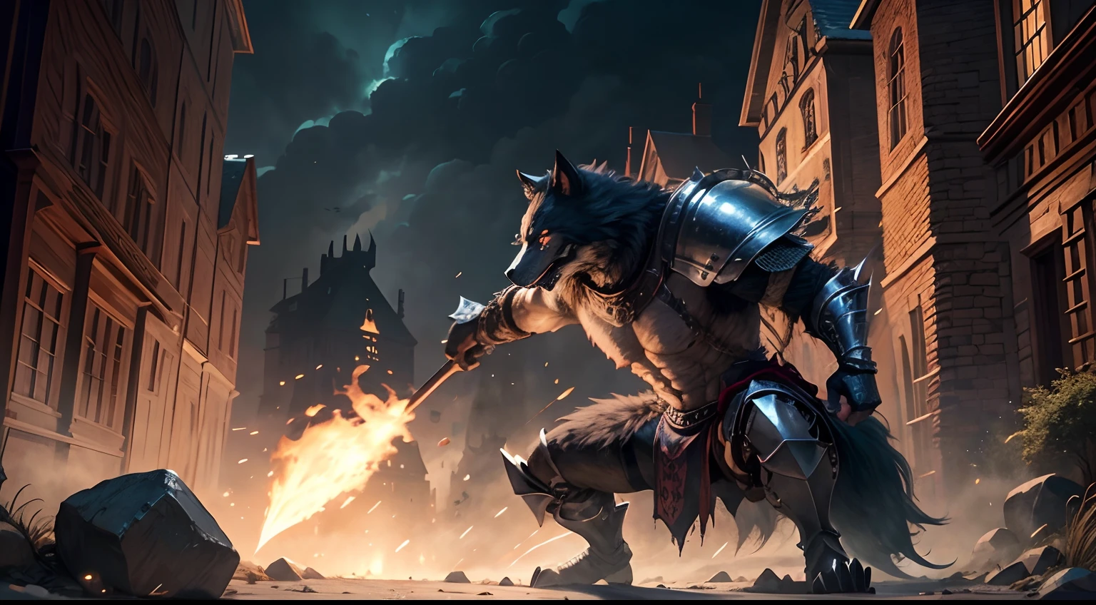 Werewolf in armor,frontage ,s whole body,illustrations,The background is a siege