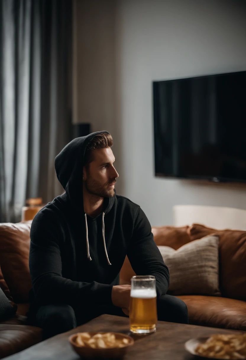 man wearing a black hoodie, sitting on a sofa watching TV with a beer in front of him, Watching TV, video, cinematic beer, TV commercial, Televisions, eating chips and watching TV, TV screens, sitting in a lounge, screens background, rich cinematic atmosphere, TV Series, highly cinematic, Cinematic feel, Television, 4k TV still, 4K Refrigeration, high art