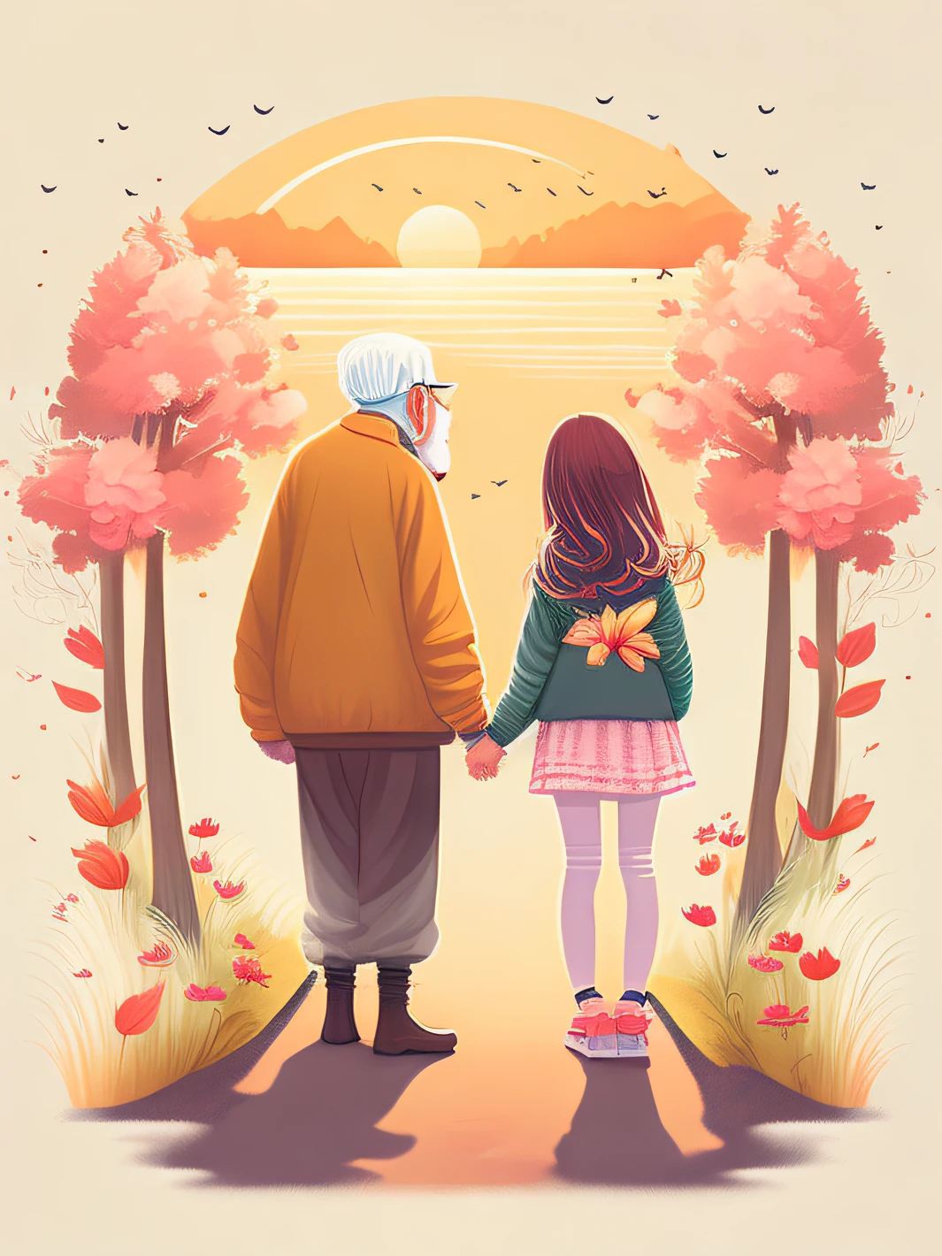 In the spring, a girl supports an old man,T-shirt design,rzminjourney,vectorial art --v6