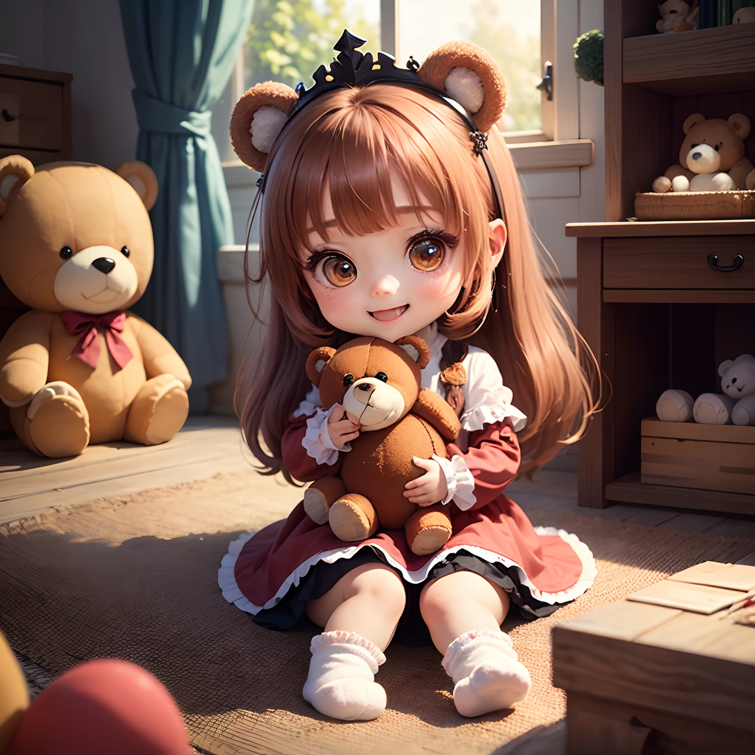 ​masterpiece、top-quality、ultra-detailliert、(Chibi Chara's Daughter:1.2)、Chibi Living、Reddish brown Sauvage hair, wraith、Pastel Tiara、Dragging the hand of a stuffed bear、Stuffed Bear、Open your mouth and smile、Fluffy socks、