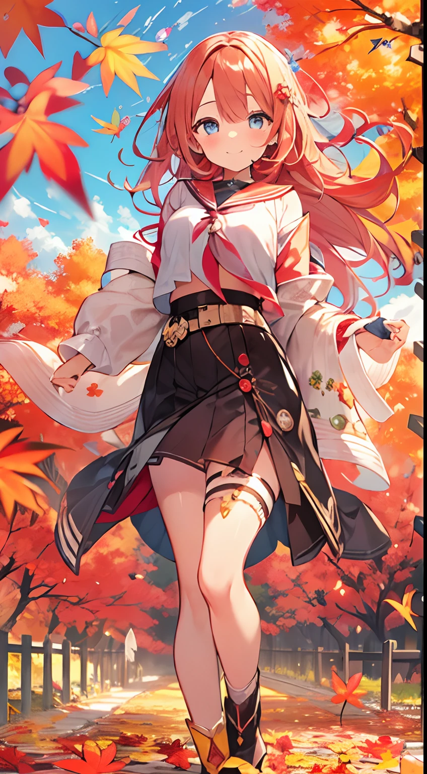masutepiece, Best Quality,Illustration, Wallpaper, ultra -detail, Absurd beauty, 1beautiful girl、Bright hair color、Glitter and big eyes、Hair fluttering in the wind、ample breasts、♡、Smaller head、Autumn landscape、miscievous smile