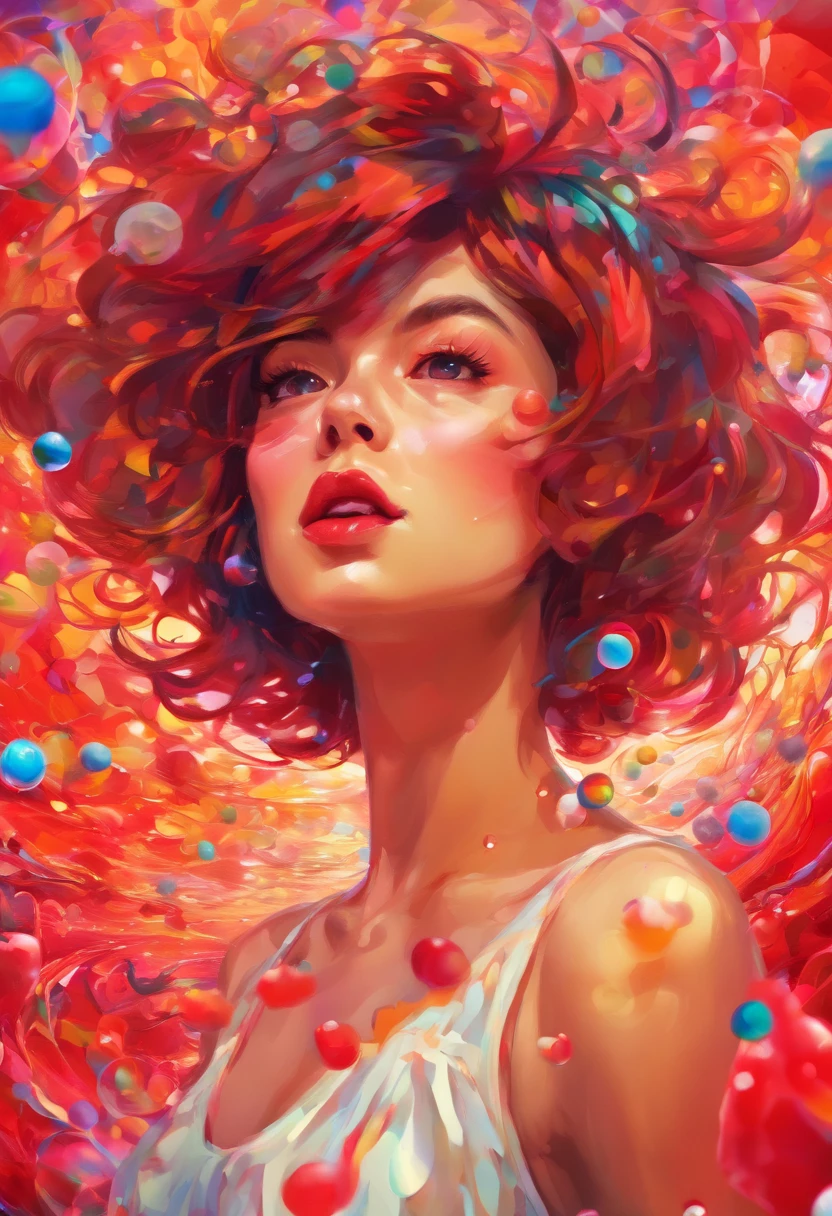 ((top-quality, 8K)), (Realistic), (Face Focus: 1.1), (red and white:1.3), girl with, short-hair, Hair fluttering in the wind, (Sleeveless: 1.1)、Skirt, C cup breasts, Countless soap bubbles,