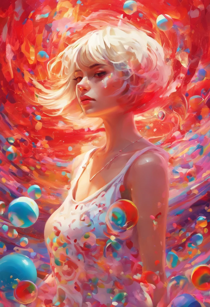 ((Top Quality, 8K)), (realisitic), (sface focus: 1.1), (Red and white:1.3), A girl with, short-hair, hair fluttering in the wind, (sleeveless: 1.1)、skirt, C-cup chest, Countless soap bubbles,