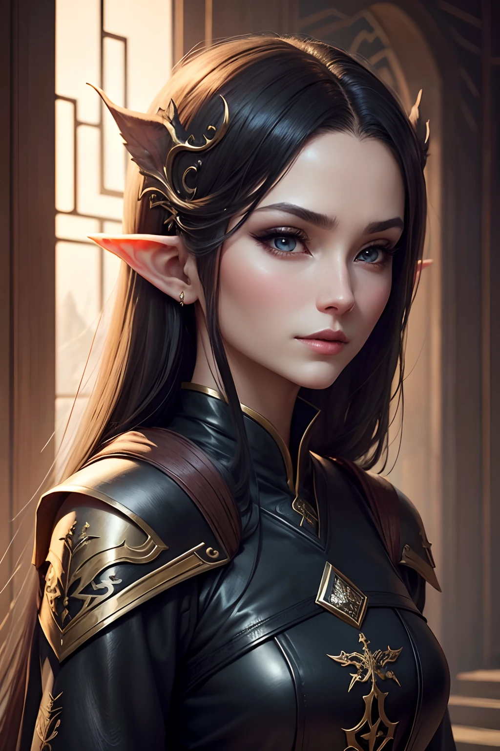 a close up of a woman in a black leather outfit, a character portrait inspired by senior character artist, Trend of CGsociety, Fantasy art, beautiful and elegant female elf, portrait of very beautiful elf, elven character with smirk, Female elf, very beautiful elven top model, beautiful and elegant elf queen, alluring elf princess knight, Elf Girl。Wear Chinese Hanfu。
