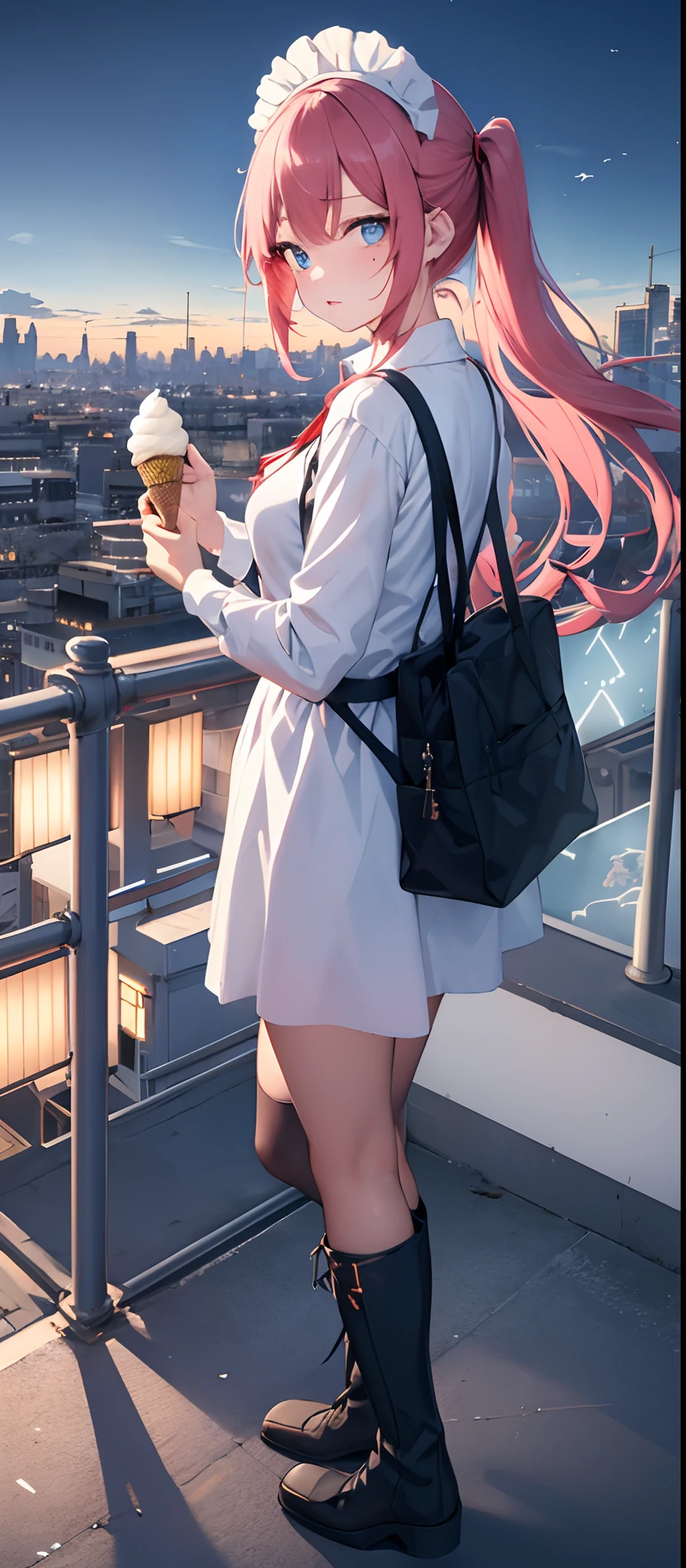 (​masterpiece、top-quality),From  above, 1girl in, 独奏, (Holding ice cream in right hand:1.2), Circle of angels on the head,signboard, (Blue eyes), Red hair, (Moles under the eyes),built, city nigth, Skysky, maid clothes,long boots, cranes \(Machines\), Dutch Angle, From the side, Light frown, plein air, On the rooftop, Skysky, Skyscrapers on glowing background,Flying in the sky,Large clock tower