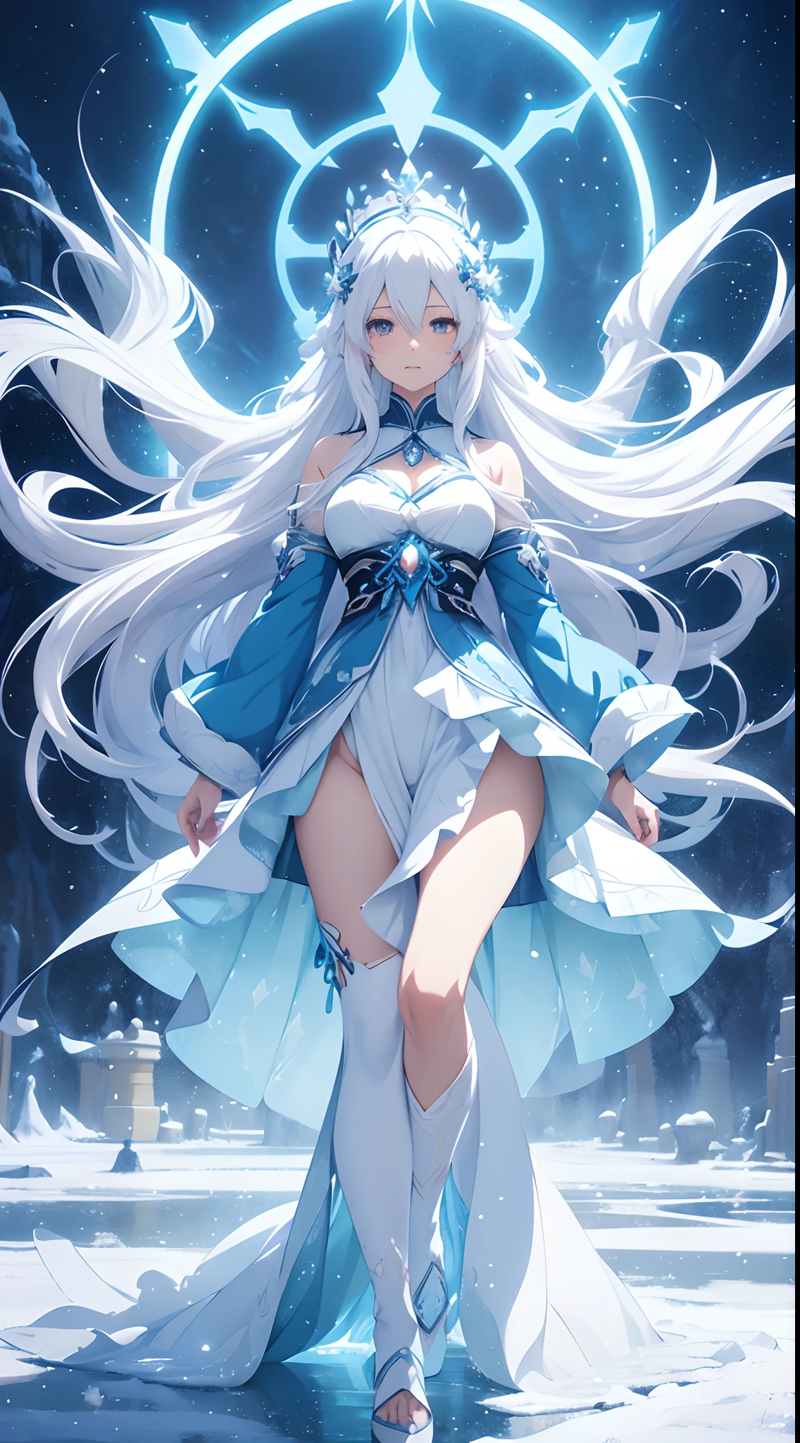 anime girl with long white hair and a blue dress in the snow, white haired deity, white hair floating in air, anime fantasy illustration, flowing white hair, beautiful young wind spirit, beautiful fantasy anime, glowing flowing hair, ethereal anime, beautiful anime artwork, beautiful digital artwork, anime fantasy artwork, ((a beautiful fantasy empress)), 2. 5 d cgi anime fantasy artwork