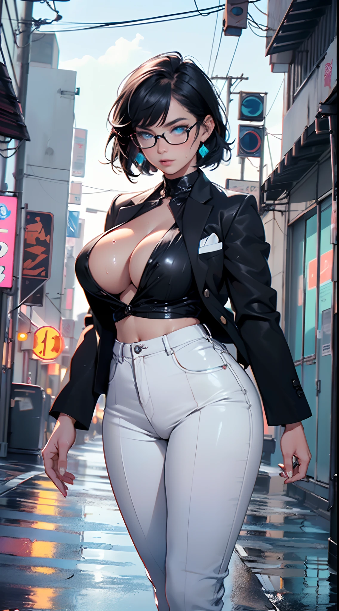 cute girl,(((1girl))),((girl with extremely cute and beautiful black hair)),
(large breasts:1.4),(((black hair:1.35,colored inner hair,ear breathing,large hair,tomboy haircut))),(((blue_eyes:1.3))),intricate eyes,beautiful detailed eyes,symmetrical eyes,((fat)),((lustrous skin:1.5,bright skin: 1.5,skin tanned,shiny skin,very shiny skin,shiny body,plastic glitter skin,exaggerated shiny skin,illuminated skin,wet legs))),(spider lower abdomen,narrow waist,wide hip,athletic body,inflated legs,detailed body,(detailed face)),
cute,slutty,seductive,erotic,(((nsfw))),
((((glasses)))),(((wearing white formal blazer,black formal pants,))),(((huge cleavage))),((wet clothes,intricate outfit,intricate clothes)),
(dynamic pose:1.0),solo focus,embarrassed,(centered,scale to fit dimensions,Rule of thirds),
cyberpunk city by the ocean at night, with bright neon signs and dark stormy clouds and puddles, scenery:1.25,
artistic photography,(photography taken by sldr),highres, sharp focus, (ultra detailed, extremely detailed), (photorealistic artwork:1.37),(extremely detailed CG unity 8k wallpaper),((synthwave background theme)),(((vibrant colors))),(intricate background),(masterpiece),(best quality)