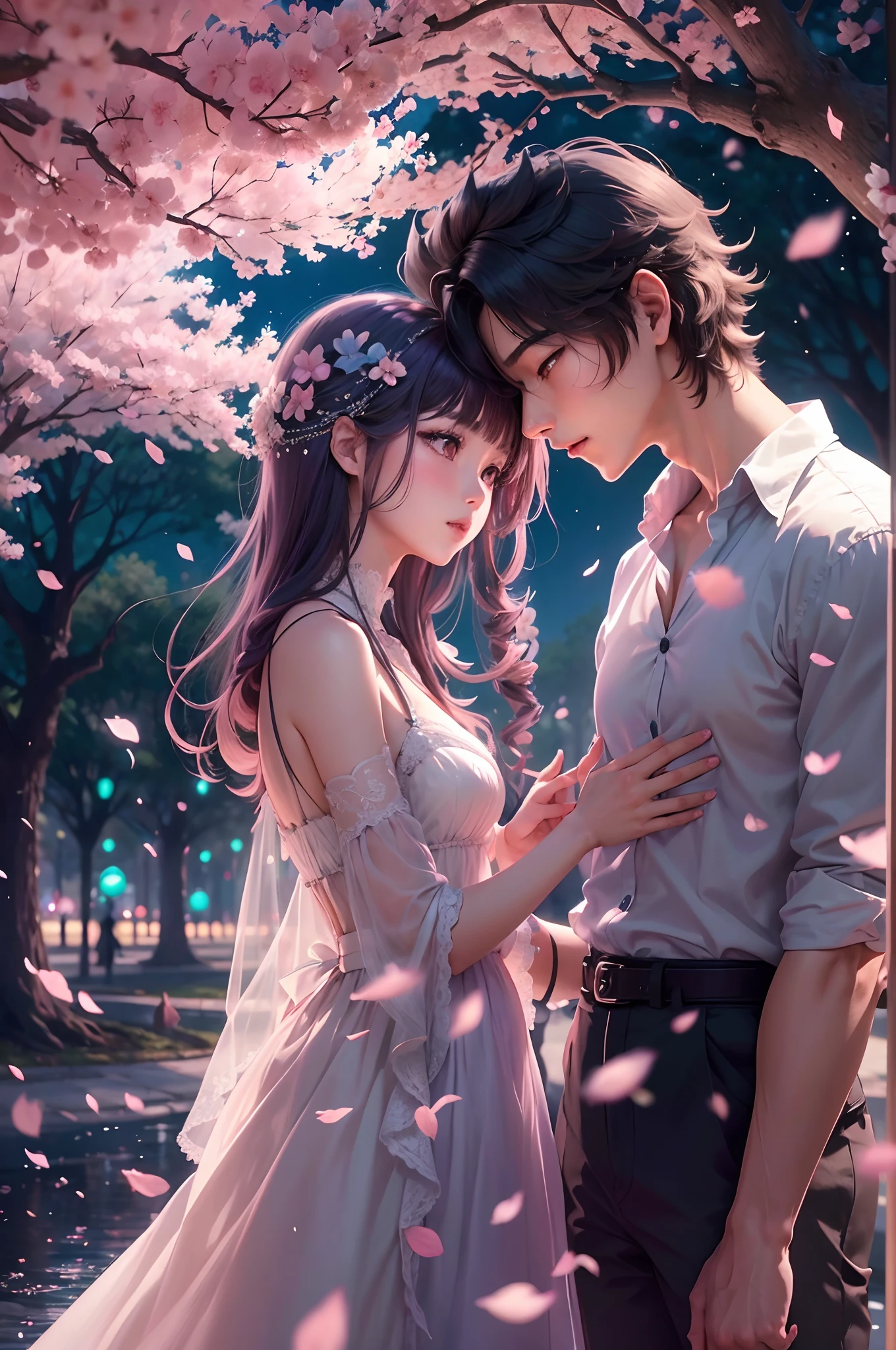 An anime scene of a young Korean and a girl hugging and kissing intensely, with sparkles floating around them as they stand under the cherry blossoms in a dream park, ele tem roupas elegantes, ela tem um vestido elegante e sem nudez, her eyes are blue, Cabelos castanho-escuros, apaixonados.