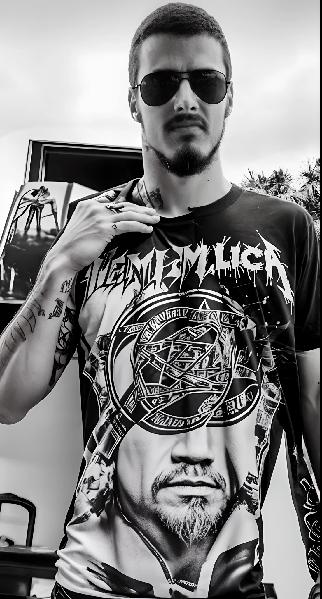 Remover mulher, homem com camisa do Metallica, preto e branco