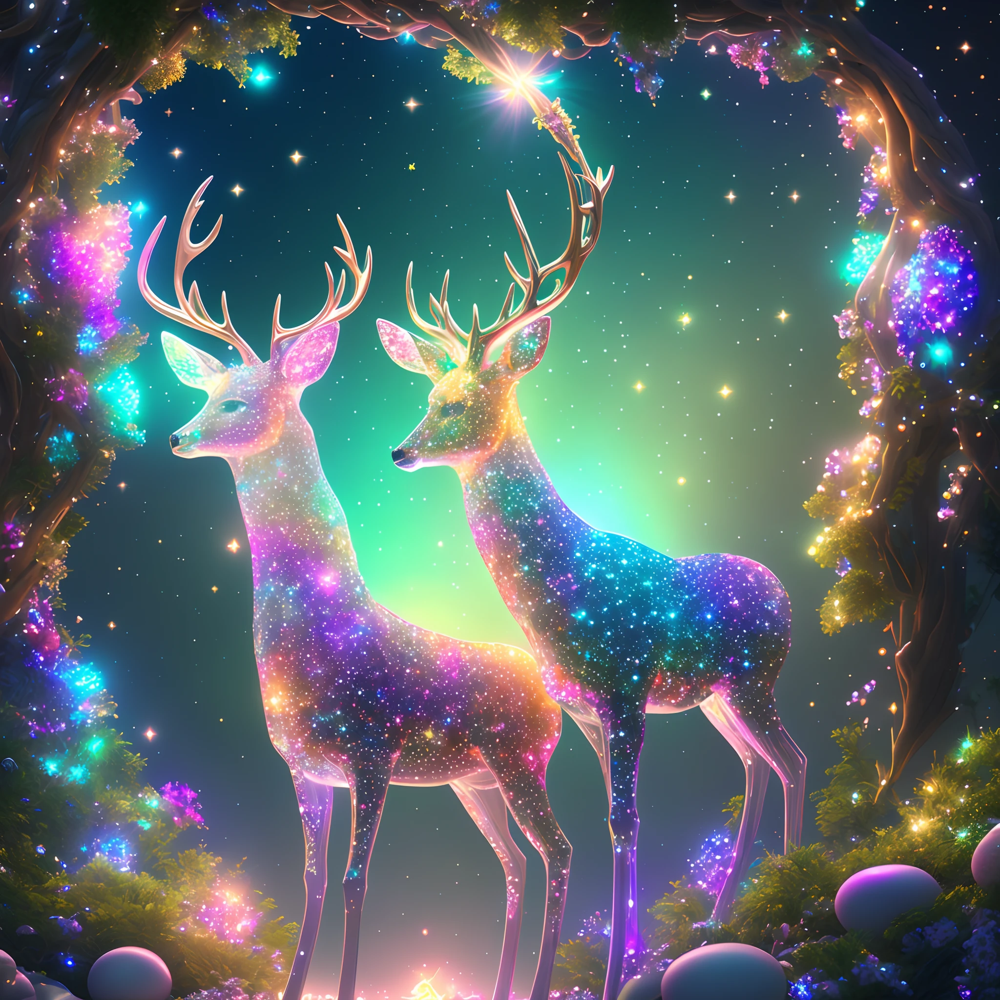 holy light, crystal deer, extremely detailed 3d animation, symmetrical rical center, forest background, flashing, bri ght, super clear, transparent, focused light, optics, sur realism, magic, fantasy, composition, rainbow color and starry sky s ky, popular in art station, pearls, 8k, hd