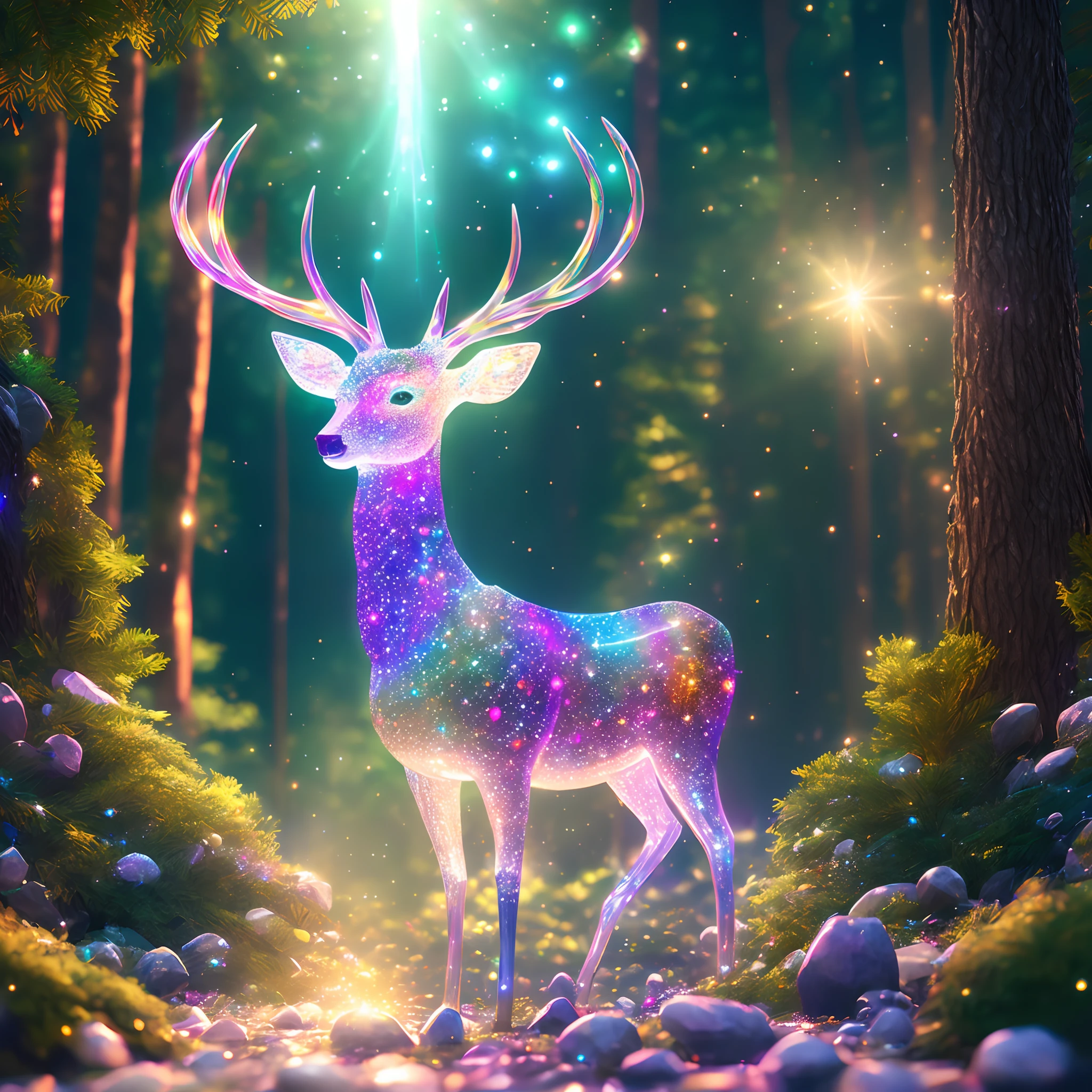 holy light, crystal deer, extremely detailed 3d animation, symmetrical rical center, forest background, flashing, bri ght, super clear, transparent, focused light, optics, sur realism, magic, fantasy, composition, rainbow color and starry sky s ky, popular in art station, pearls, 8k, hd