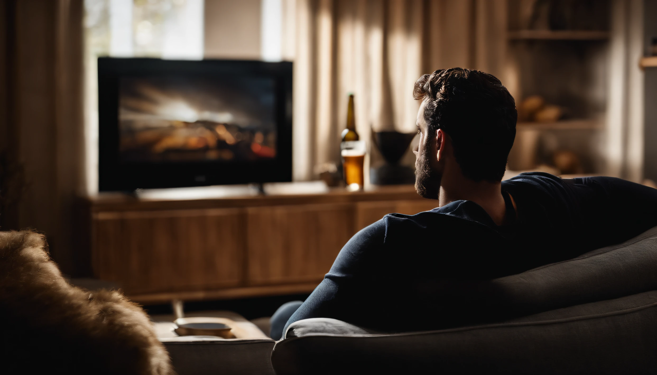 homem vestindo um capuz preto, sitting on a couch watching TV with a beer in front of him, Assistir TV, television show, cinematic beer, Comercial de TV, Televisores, comer batatas fritas e assistir TV, Telas de TV, sentado em um lounge, plano de fundo das telas, rich cinematic atmosphere, tv series, highly cinematic, cinematic feel, Television, TV 4k ainda, 4K Cooling, alta arte