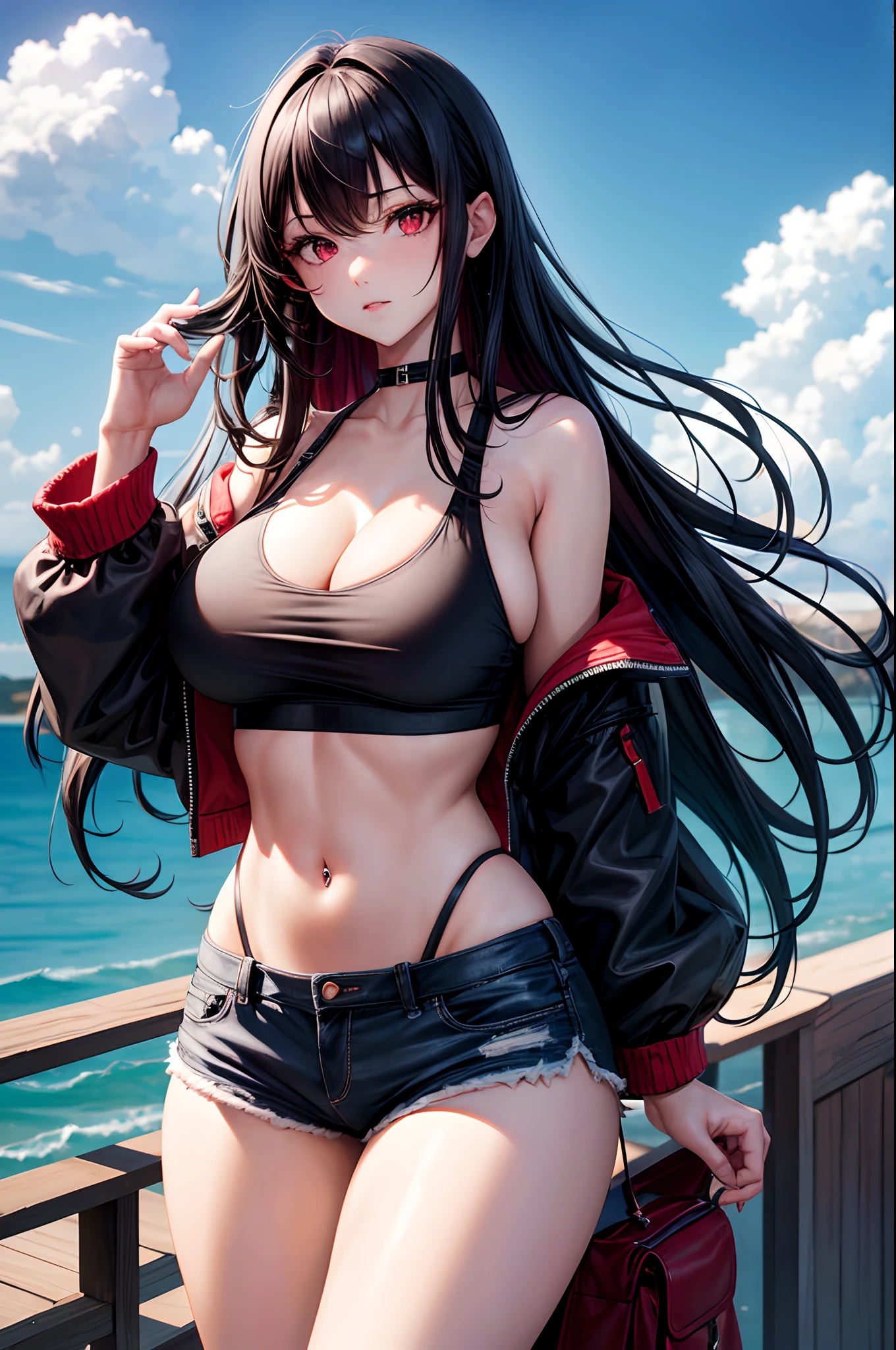 1girl, absurdres, high res, ultrasharp, 8K, masterpiece, looking at viewer, thighs, breasts, huge breasts, crop top, shorts, black hair, long hair, red eyes, underboob, piercing