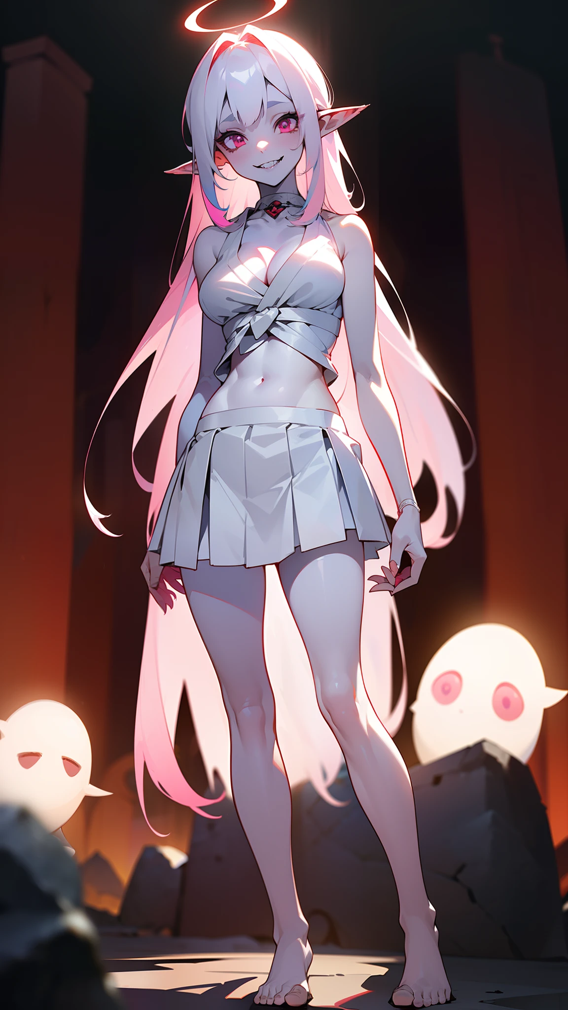 Original Character,8k, Masterpiece, Best Quality,Detailed, Beautiful Detailed Eyes,,cinematic composition,,1vampire girl,solo,pink eyes,white hair, long hair,(pink halo),(((white skin like a vampire,pale skin,colored skin))),sharp teeth,large breasts,(show belly,bare belly),(only white sleeveless and shoulderless t-shirt),(cleavage),(Japanese school white skirt),bare foots,elf ear,blush,((standing in front a stones ruins in night,cutes ghosts around)),night,white skin,colored skin,crazy Eyes,Crazy Smile, Shaded Face,yandere, yandere trance,teeths,closed mouth,full body