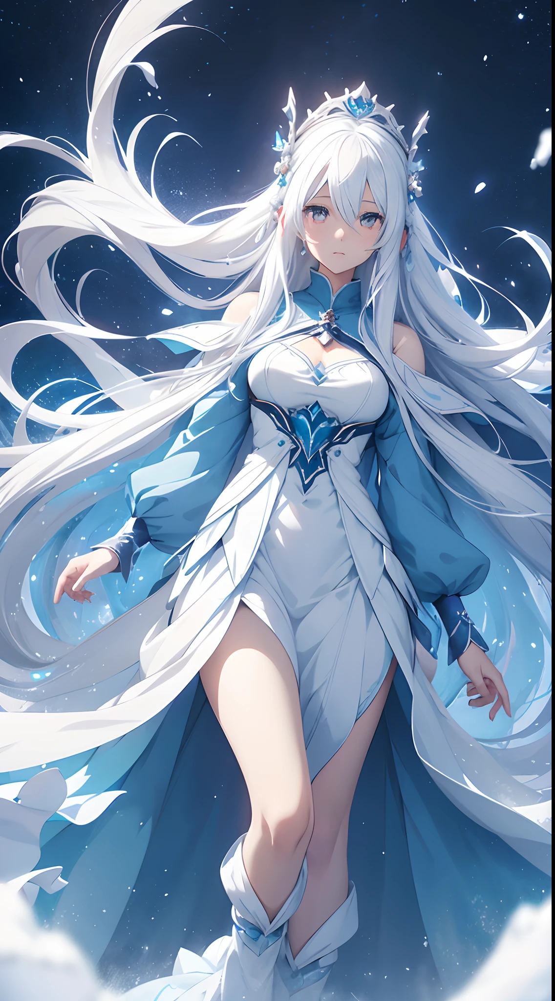 anime girl with long white hair and a blue dress in the snow, white haired deity, white hair floating in air, anime fantasy illustration, flowing white hair, beautiful young wind spirit, beautiful fantasy anime, glowing flowing hair, ethereal anime, beautiful anime artwork, beautiful digital artwork, anime fantasy artwork, ((a beautiful fantasy empress)), 2. 5 d cgi anime fantasy artwork