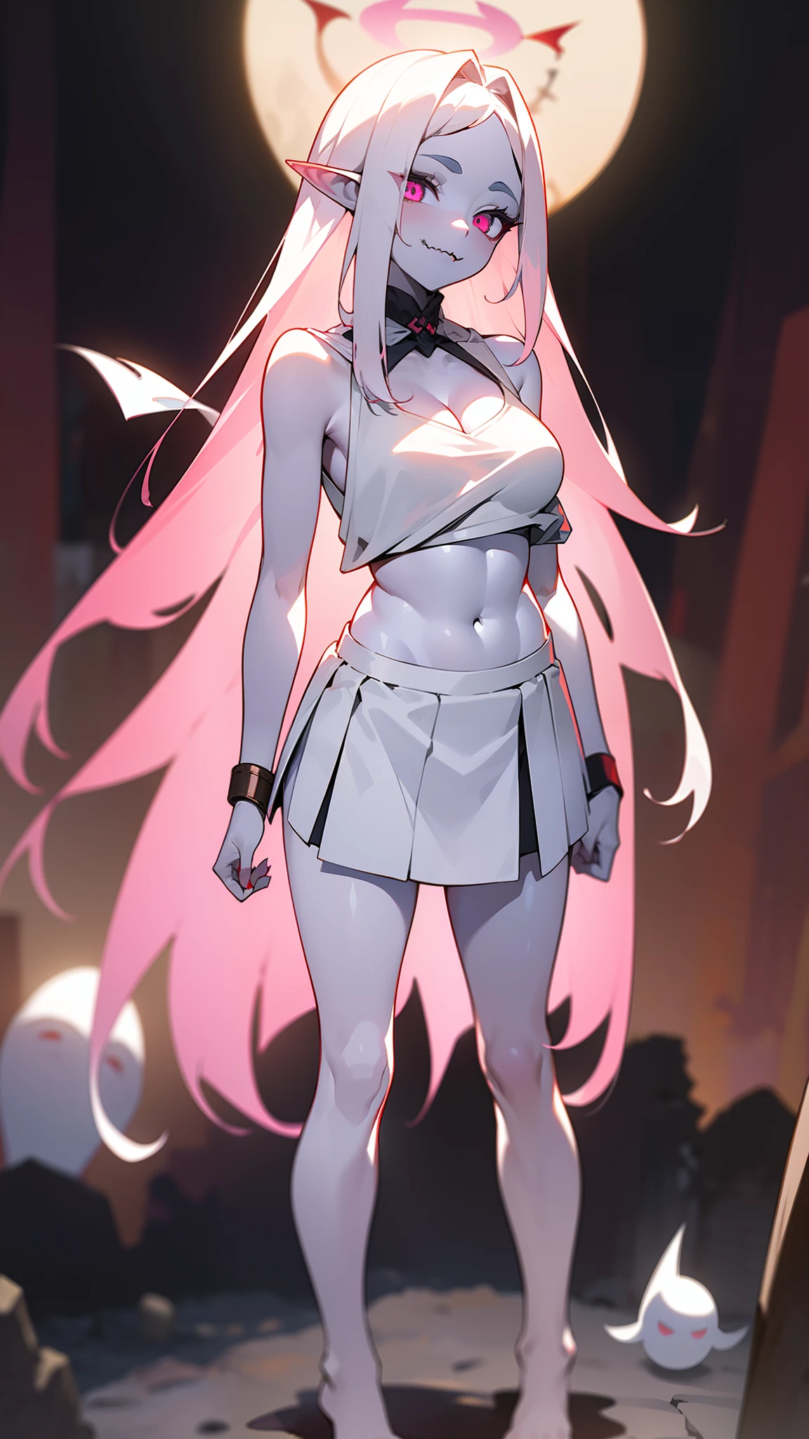 Original Character,8k, Masterpiece, Best Quality,Detailed, Beautiful Detailed Eyes,,cinematic composition,,1vampire girl,solo,pink eyes,white hair, long hair,(pink halo),(((white skin like a vampire,pale skin,colored skin))),sharp teeth,large breasts,(show belly,bare belly),(only white sleeveless and shoulderless t-shirt),(cleavage),(Japanese school white skirt),bare foots,elf ear,blush,((standing in front a stones ruins in night,cutes ghosts around)),night,white skin,colored skin,crazy Eyes,Crazy Smile, Shaded Face,yandere, yandere trance,teeths,closed mouth,full body