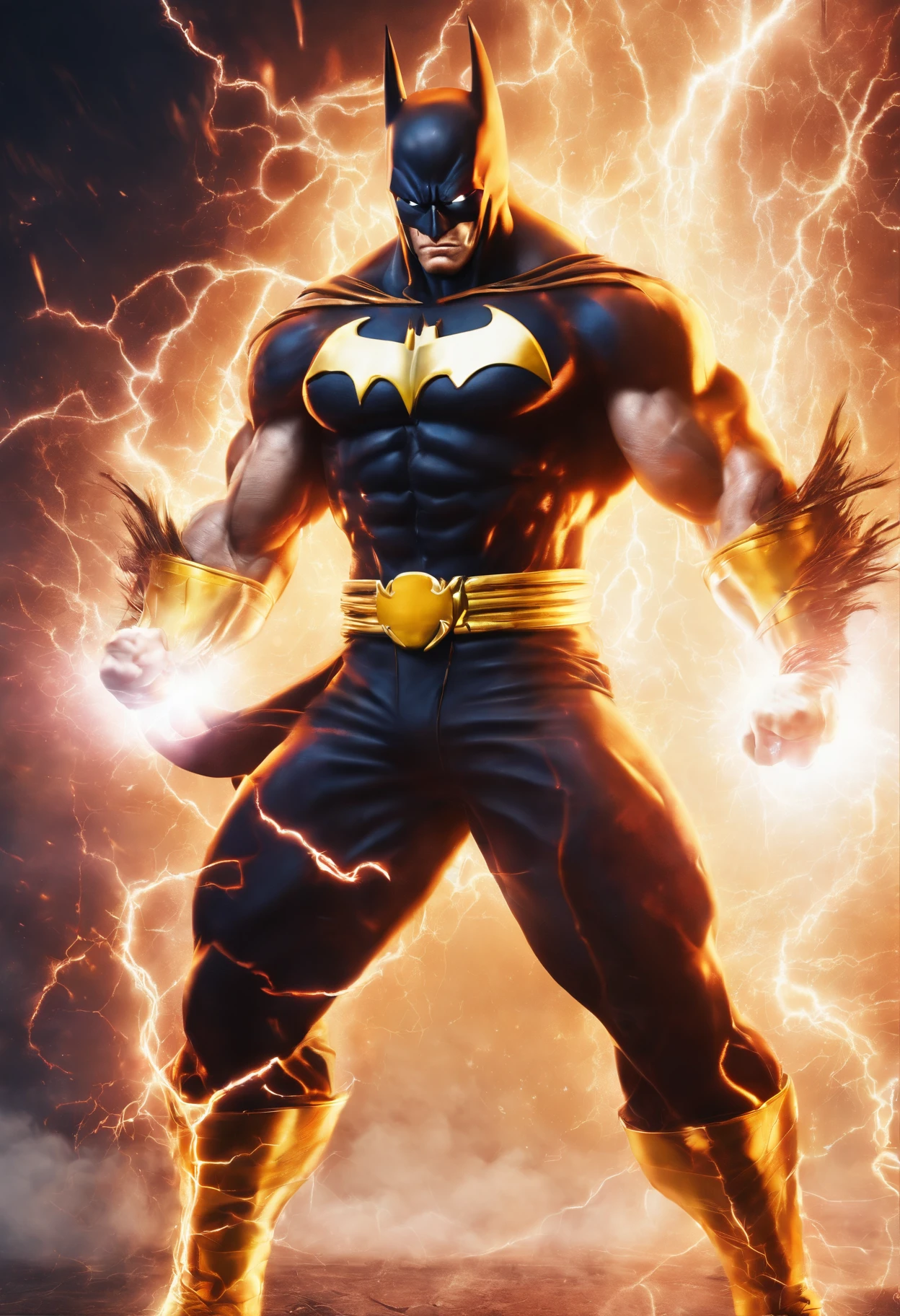 realistic 3d rendering of batman super saiyan, surrounded by lightning, big muscular, full body photography, hyperrealistic