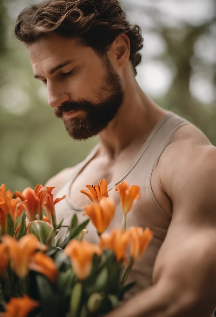 Male, 38 years old, Jewish, straight, short hair, brown hair, curly hair, full beard, purity, carpenter profession, carpenter clothing, focus, face and hands, scenery of various flowers, lilies, hands holding bunch of lilies, 8k, brute, St. Joseph,nude,sexy,porn