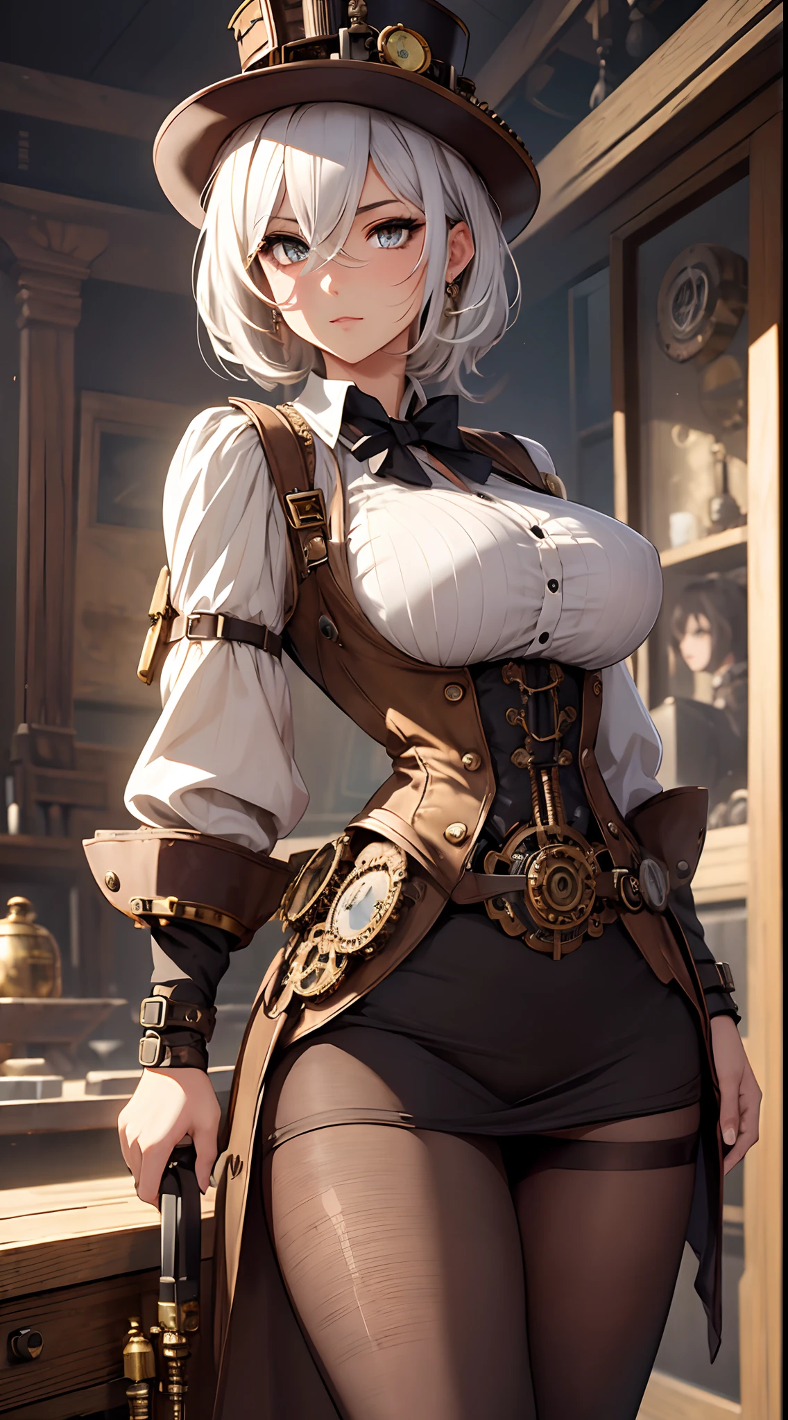 (((steampunk))),ultra realistic 8k cg, picture-perfect face, flawless, clean, masterpiece, professional artwork, famous artwork, perfect face, beautiful face, beautiful eyes, ((perfect female body)),large breasts, solo,, ,skirt,,blush,seductive expression,extremely detailed_eyes,thick thighs,((white hair)), short hair,, beautifully detailed background,depth of field,,bdsm,skindentation,full body,shirt,, pantyhose,