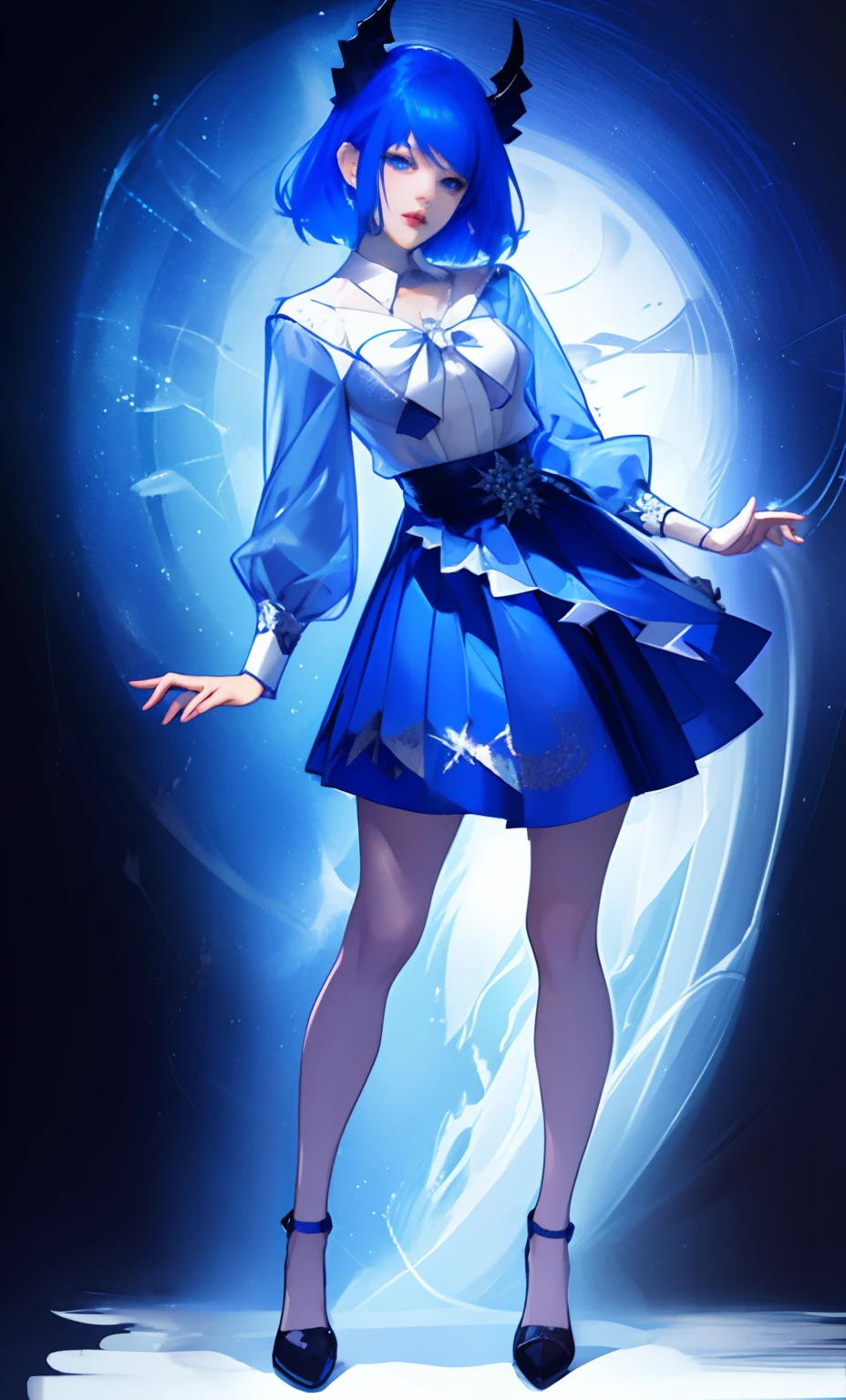 Anime character in a blue dress, blue skirt with a white shirt, full body illustration, full body illustration, anime woman fullbody art, short blue hair, Concept Art, anime style character, demon, villainess