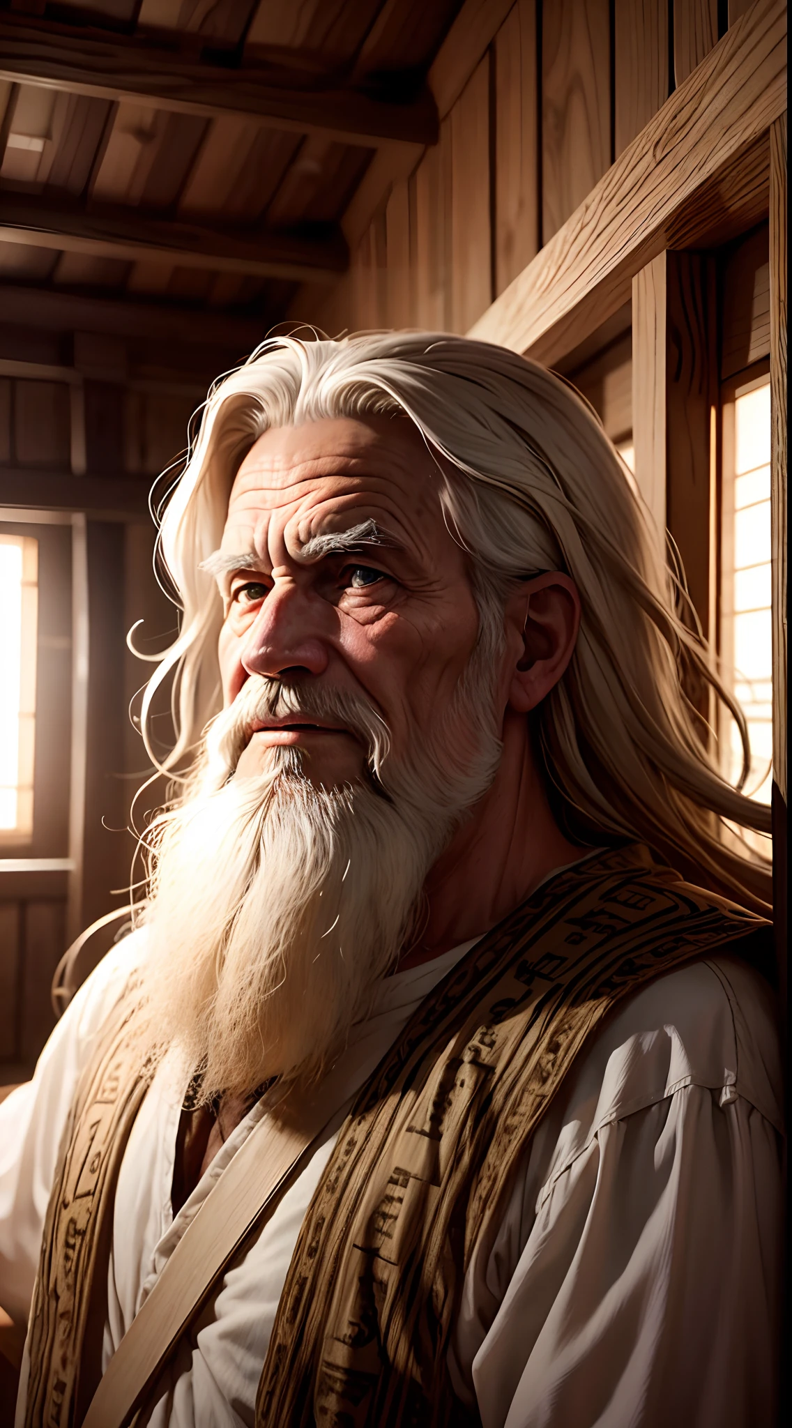noah, Biblical character, old man, cabelo e barba longos, inside Noah's ark, numa cama deitado, doente, sentido dor.