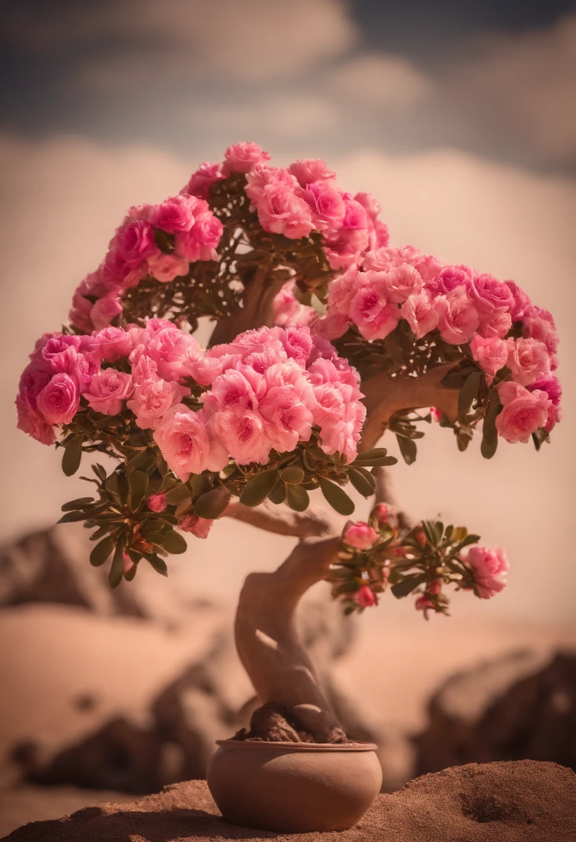 Create desert roses with huge caudex style bonsai with lots of roses. Flower is adenium. Desert background