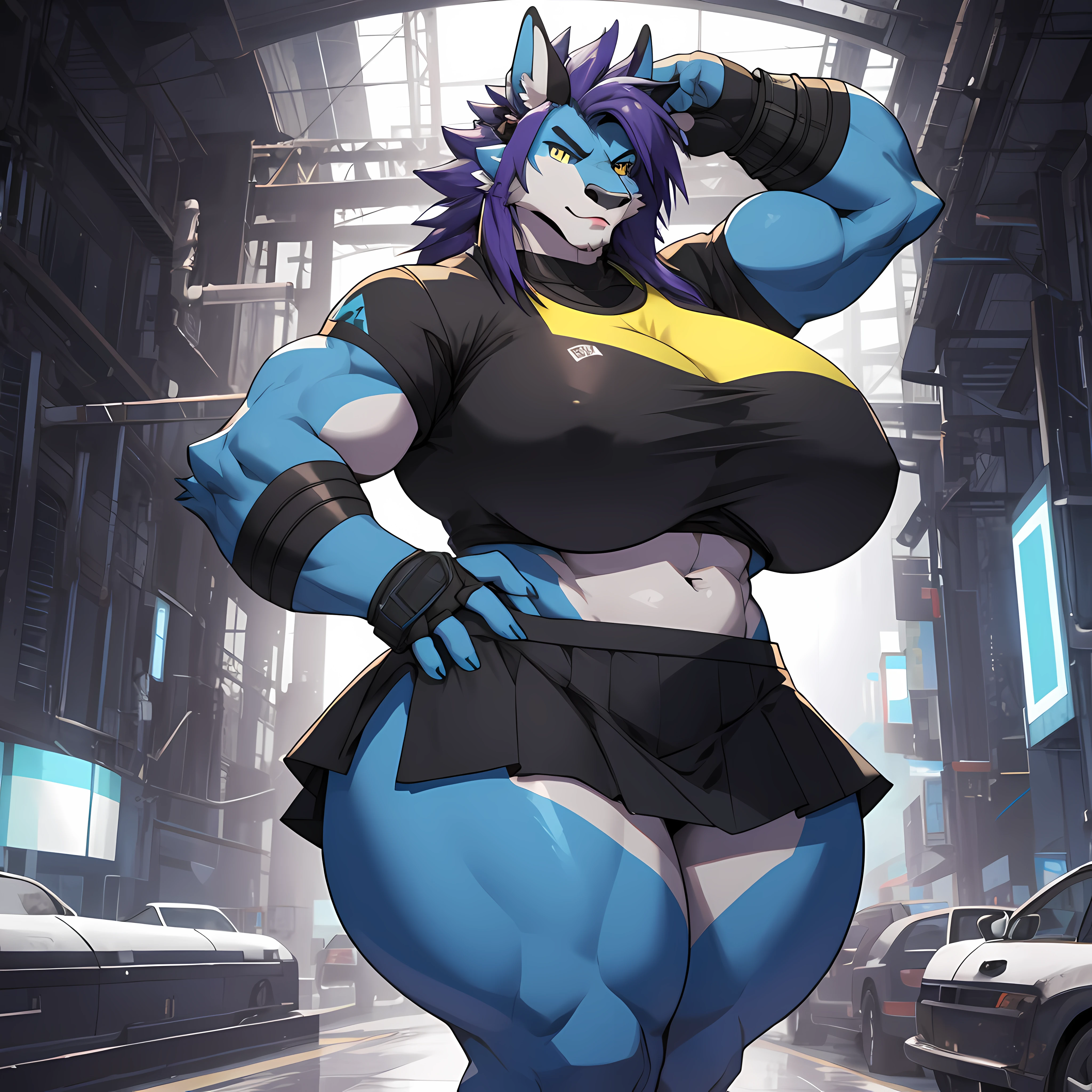 masterpiece, best quality, 4k, 8k, ultra highres, raw photo in hdr, solo, anthro, cow, techno-barbarian, blue steel hair, blue body, twilight blue belly and blue and yellow eyes, wearing a neon purple crop top, microskirt over, tall curvy figure, huge breasts, huge ass, huge hips, thick thighs, plump lips, beige lipstick.