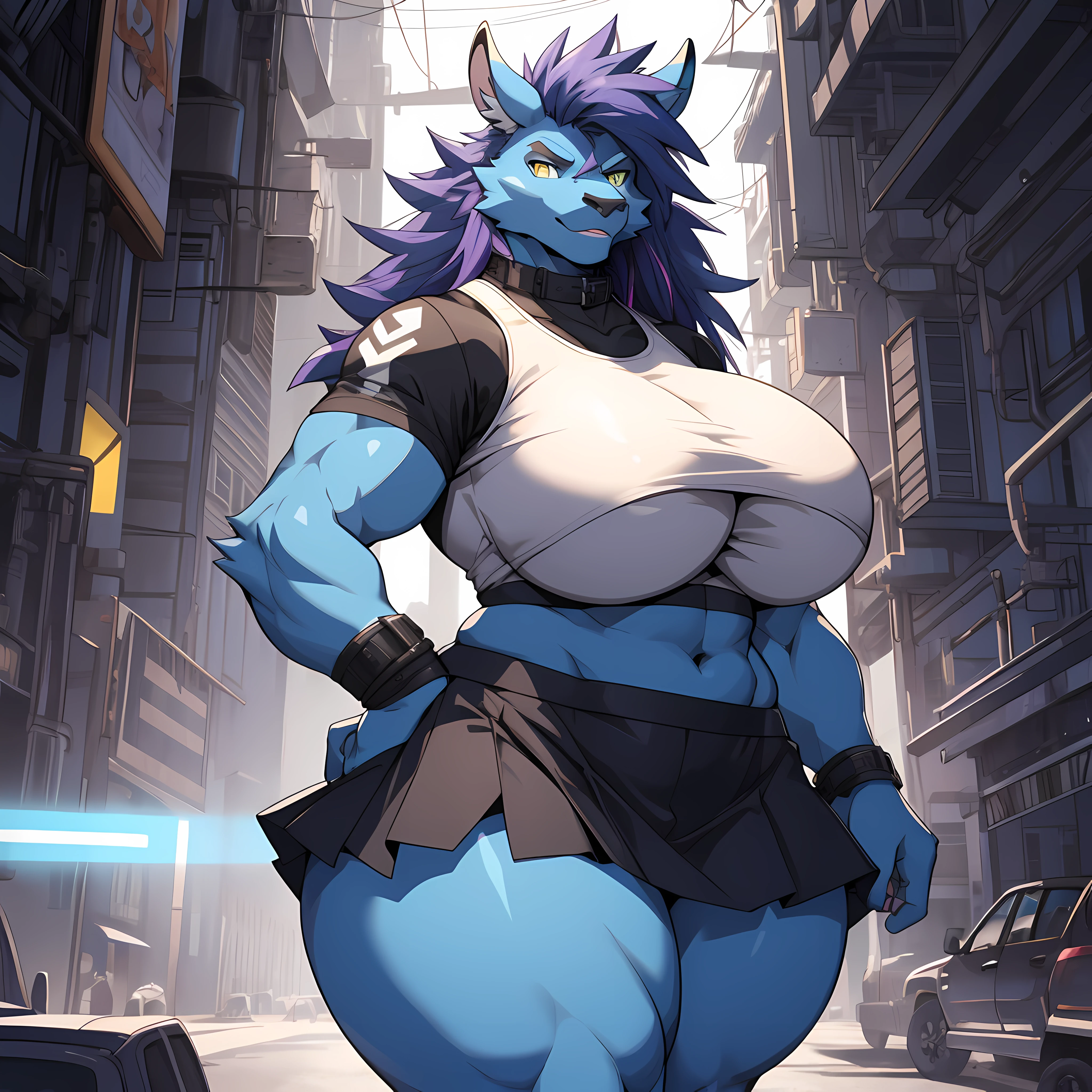 masterpiece, best quality, 4k, 8k, ultra highres, raw photo in hdr, solo, anthro, cow, techno-barbarian, blue steel hair, blue body, twilight blue belly and blue and yellow eyes, wearing a neon purple crop top, microskirt over, tall curvy figure, huge breasts, huge ass, huge hips, thick thighs, plump lips, beige lipstick.