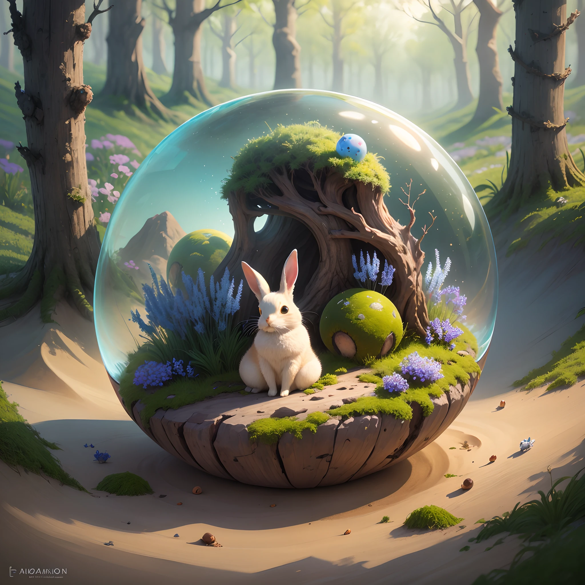Cute anthill with moss and cute rabbits sitting on it,Made of sand,Blue Higan flowers bloom,Transparent fog,The hemispherical shape looks down from the sky,fanciful,Artistically