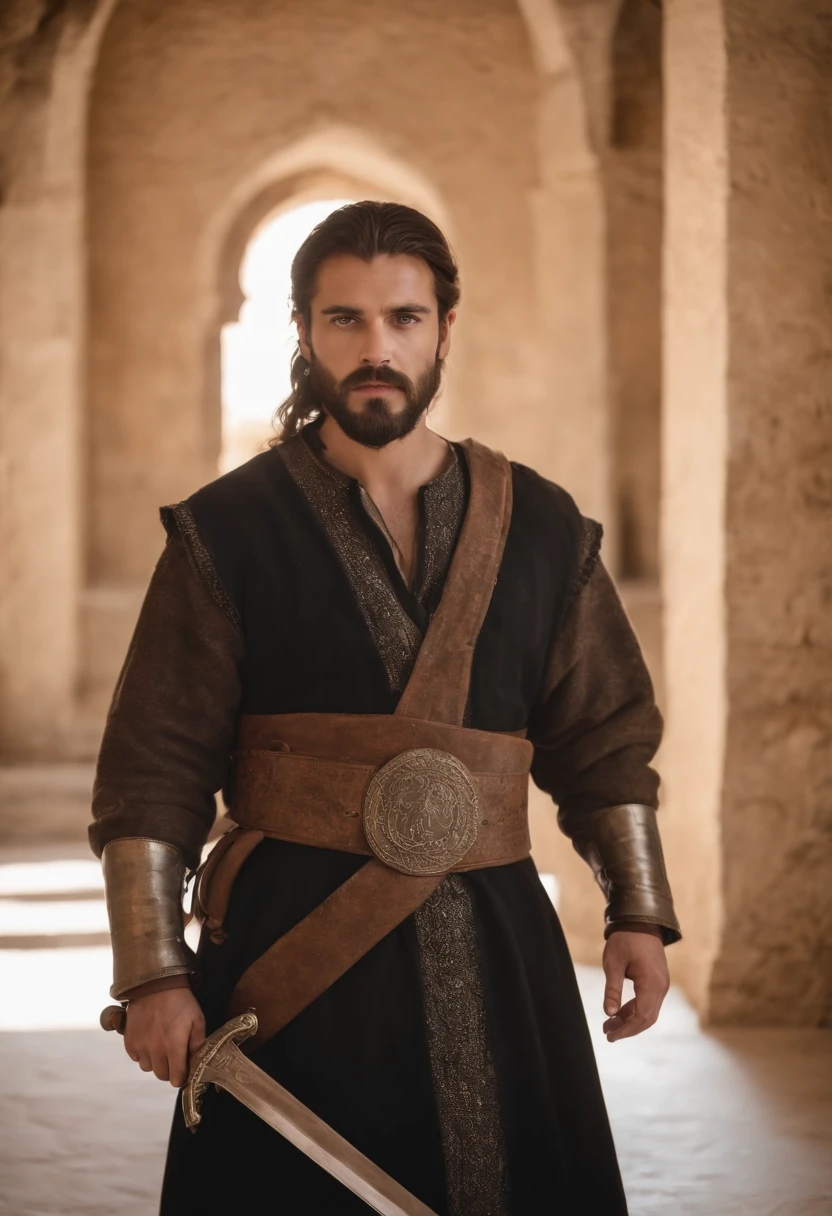 forte, Um jovem de cabelos castanhos e brancos, A sore beard and a whole body dressed as a warrior standing in the palaces of Andalusia looking into the camera holding a sword dressed in black