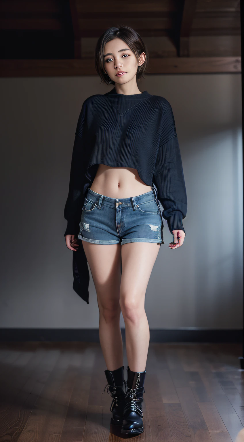 (masuter piece:1.3)、(8K、Photorealsitic、Raw photography、top-quality: 1.4)、(1girl in)、beautiful countenance、(Lifelike face)、(A dark-haired、short-hair)、
Beautiful hairstyle、realisticeyes、Beautiful details、(real looking skin)、Beautiful skins、absurderes、enticing、超A high resolution、A hyper-realistic、high-detail、the golden ratio、
((wide open abdomen))、((open abdomen))、((wide open navel))、((open navel))、((Mid-Riff Sweater))、((Ultra-low rise、Denim shorts))、
((Navel Ejection))、((small hips))、((long limbs))、((Full body depiction))、((small hip))、(boots)、((Ultra-low rise))、((Denim shorts))、((is standing))、