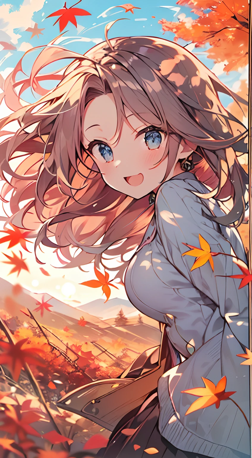 masutepiece, Best Quality,Illustration, Wallpaper, ultra -detail, Absurd beauty, 1beautiful girl、Bright hair color、Glitter and big eyes、Hair fluttering in the wind、ample breasts、♡、Smaller head、Autumn landscape、miscievous smile