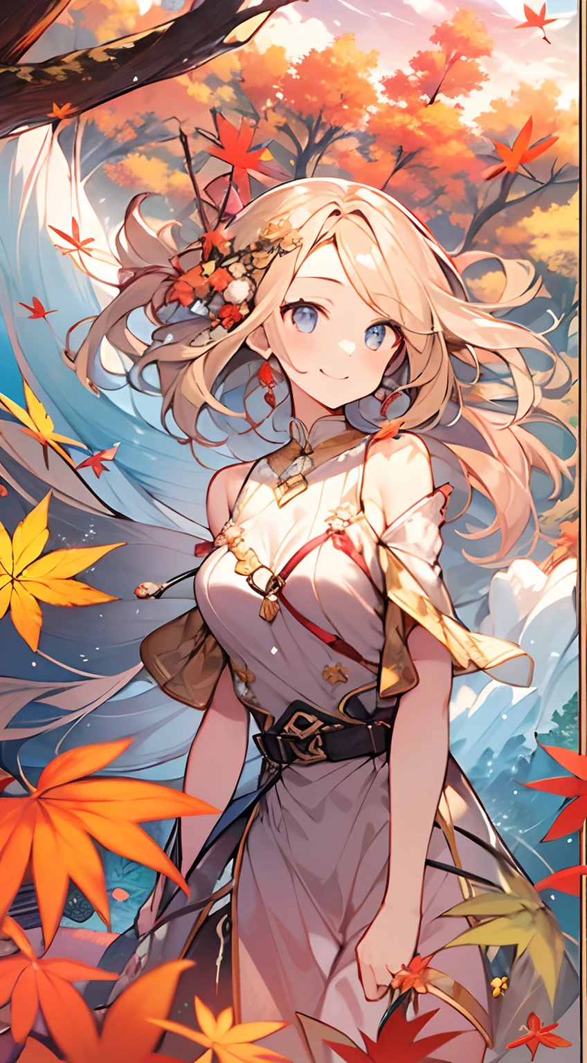 masutepiece, Best Quality,Illustration, Wallpaper, ultra -detail, Absurd beauty, 1beautiful girl、Bright hair color、Glitter and big eyes、Hair fluttering in the wind、ample breasts、♡、Smaller head、Autumn landscape、miscievous smile