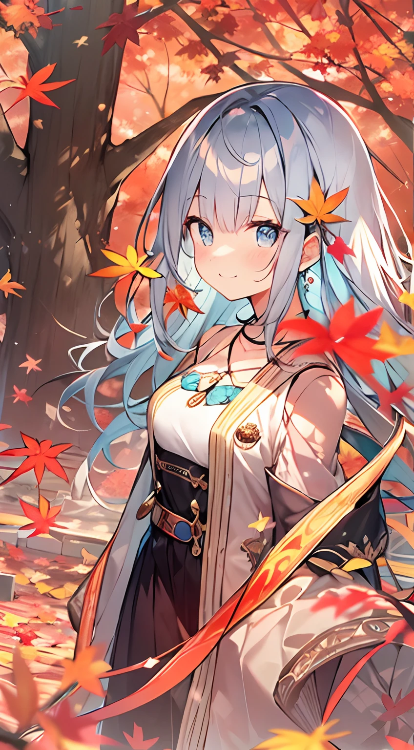 masutepiece, Best Quality,Illustration, Wallpaper, ultra -detail, Absurd beauty, 1beautiful girl、Bright hair color、Glitter and big eyes、Hair fluttering in the wind、ample breasts、♡、Smaller head、Autumn landscape、miscievous smile