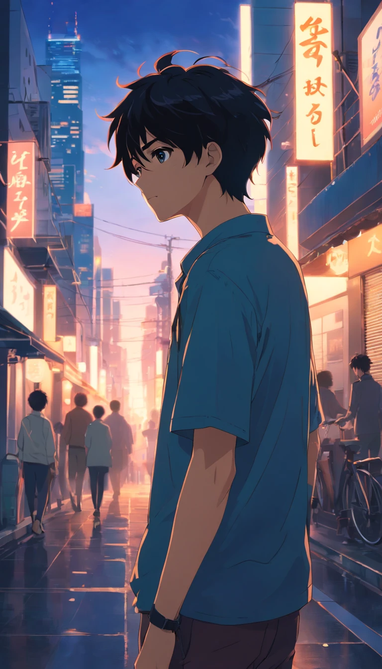 1man,masterpiece,best quality, ultra high res, dusk,cityscape,depth of field, short black messy hair, solo male