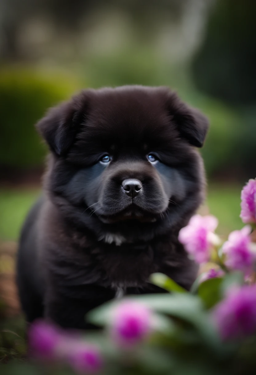 Chow chow black puppy with small pink bow on the right side of forehead. Chow chow black puppy in an orchid garden