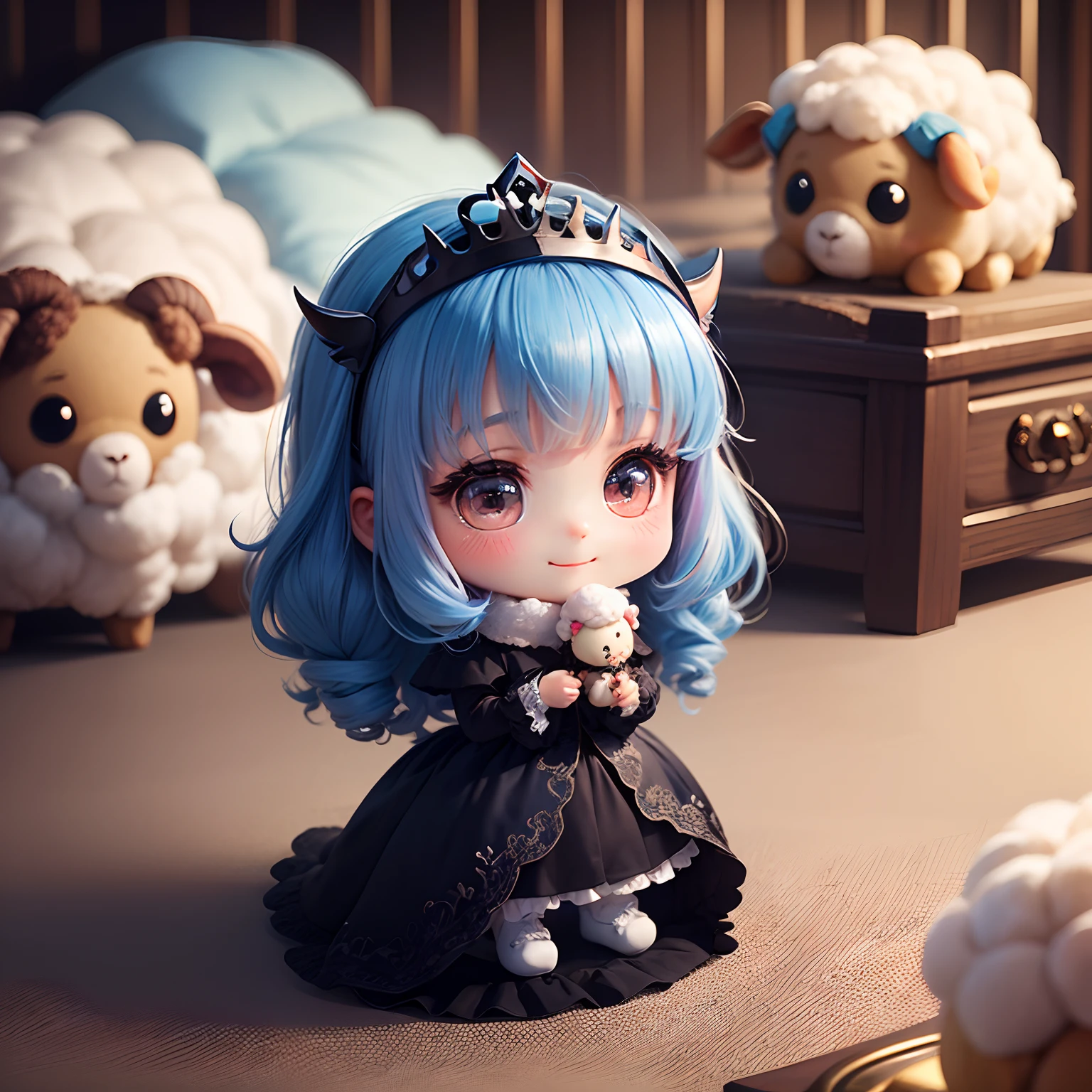 masterpiece、top-quality、ultra-detailliert、(Chibi Chara's Daughter:1.2)、Chibi Living、Dark Blue Sauvage Hair, wraith、Pastel Tiara、Dragging the hand of a stuffed sheep、Stuffed sheep、Open your mouth and smile、Fluffy socks、