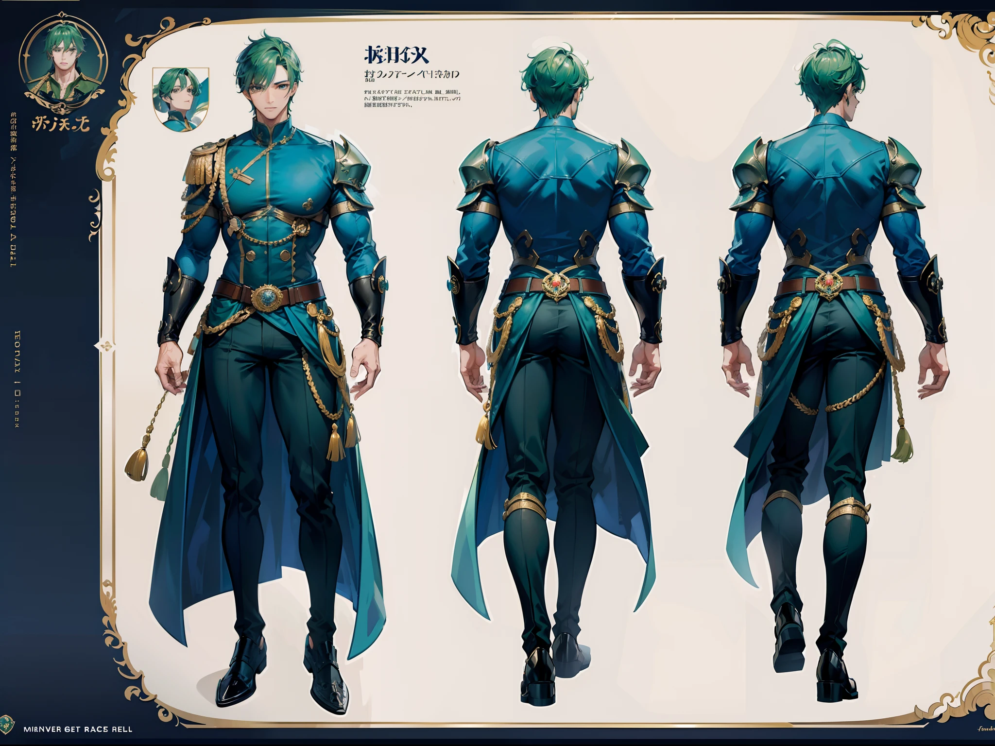 ((Masterpiece, Highest quality)), Detailed face, character design sheet, full bodyesbian, Full of details, frontal body view, back body view, Highly detailed, Depth, Many parts, Muscle boy with green hair,handsome man, navy, commander, man tall