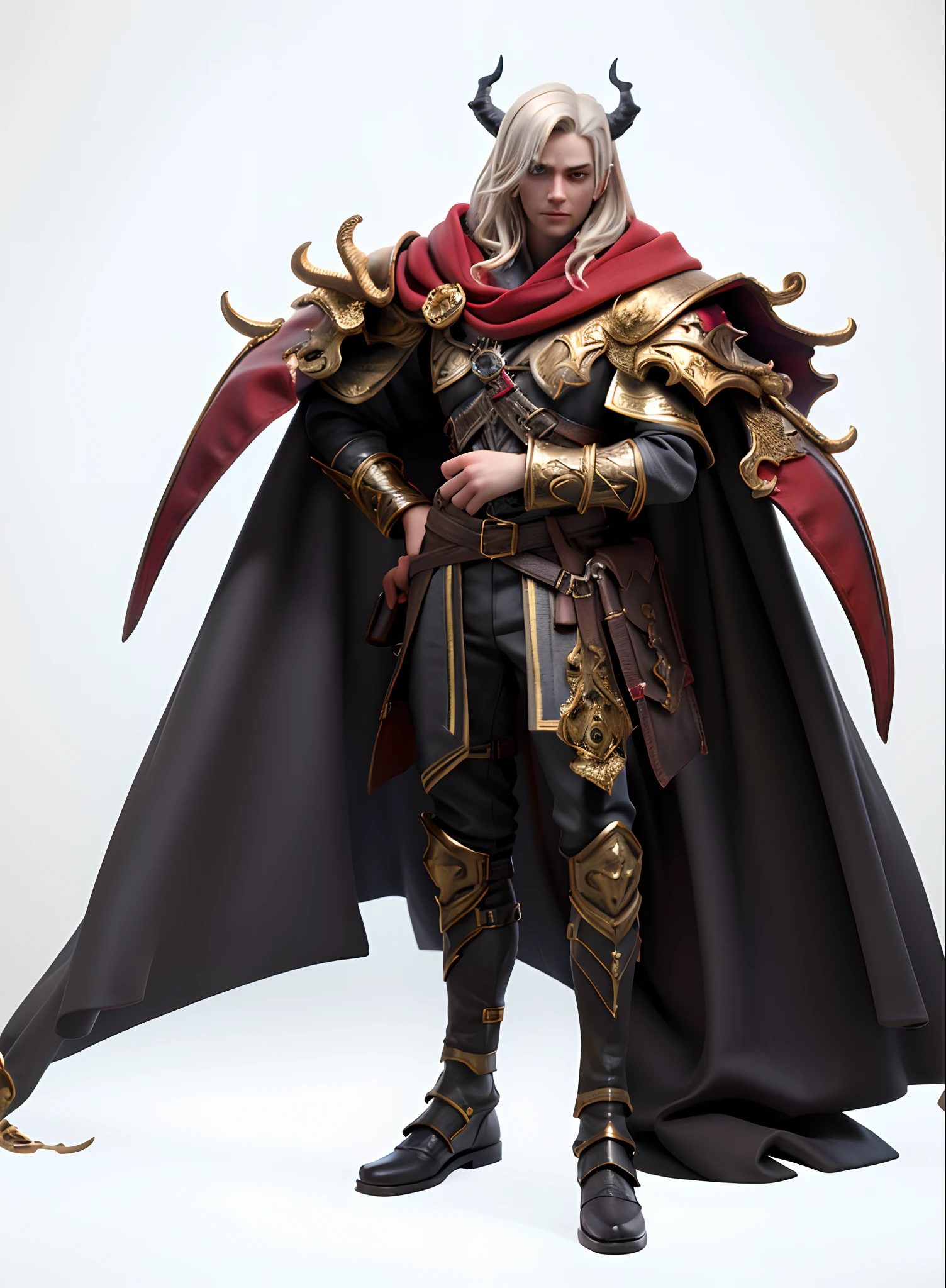 masterpiece,best quality,HDR,high-definition,Intricate Details,vray render,octane render,1boy, lich, red cloak, undead, cape, gold armor, horns