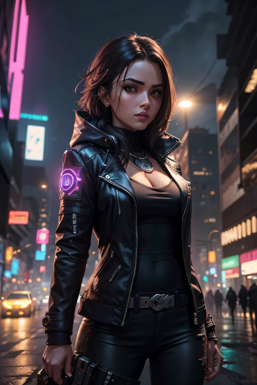 mulhe, jaqueta de couro preta, em uma cidade ao fundo de noite estrelada, cyberpunk