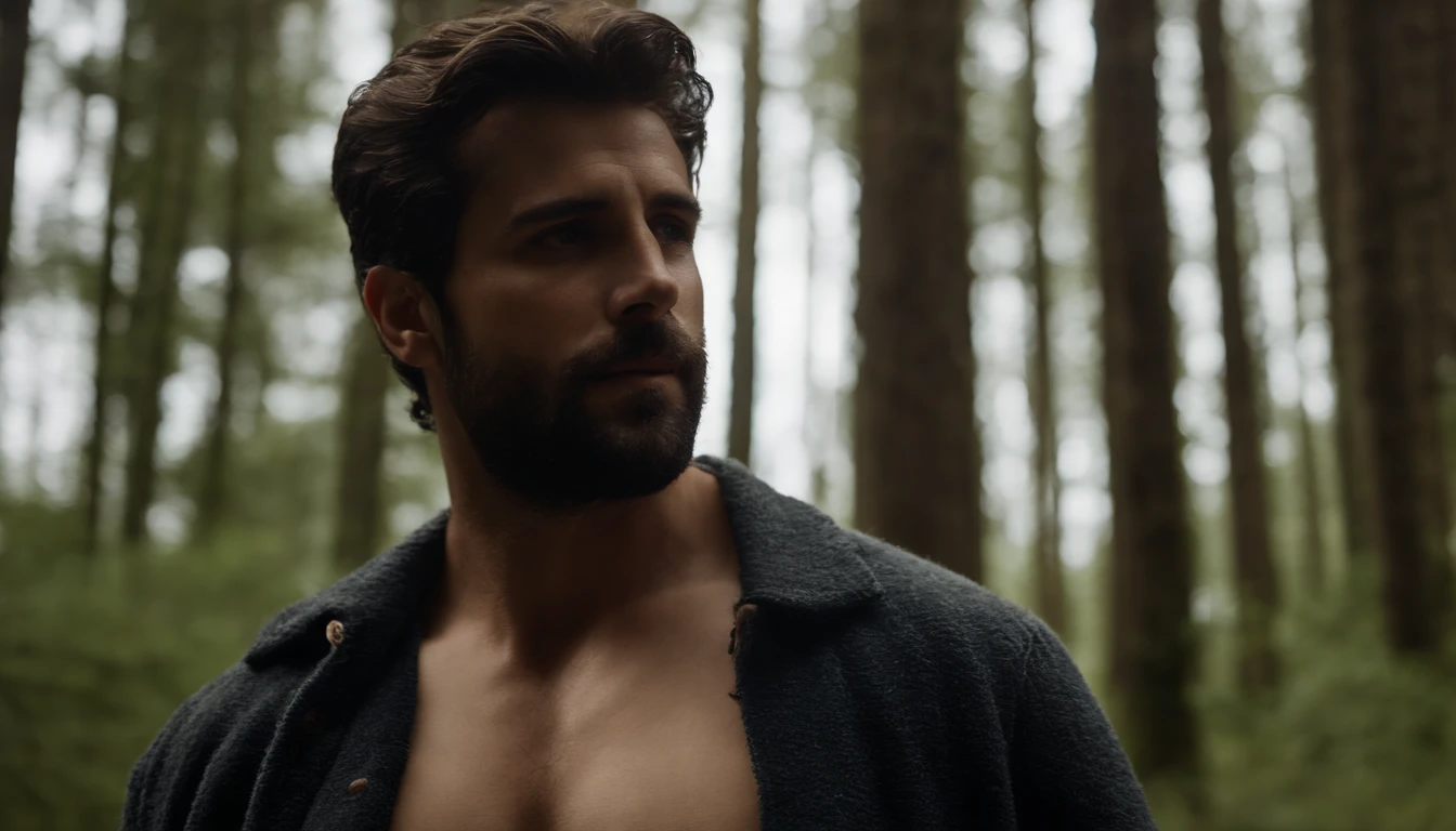 jovem, Handsome, and the mysterious shirtless 28-year-old man in jeans worn in a forest on a spring day, cold and humid climate, florestas de musgos, barba, rosto perfeito, cabelos molhados, corpo molhado, atmosfera sombria, lighting dramatic, foco nítido, qualidade 8k, Foto RAW